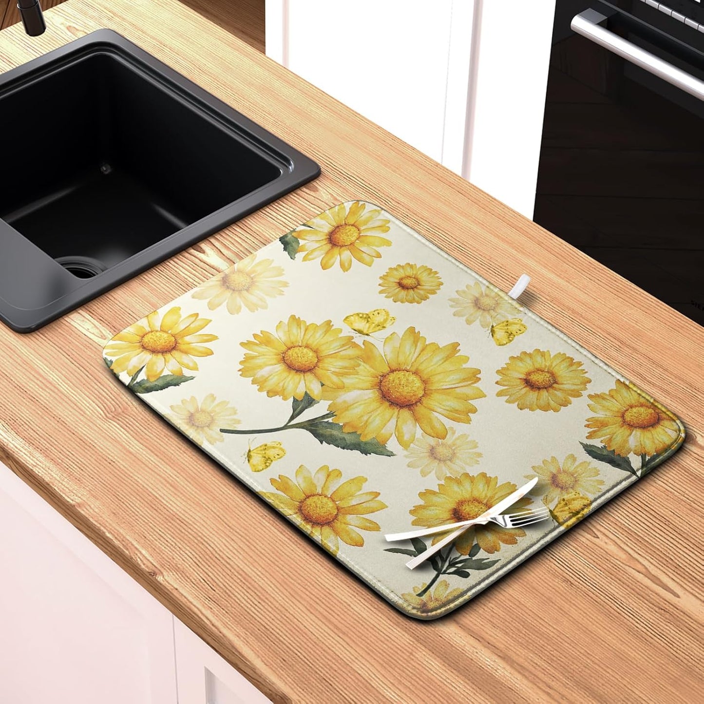 Yellow Sunflower Dish Drying Mat for Kitchen Counter Summer Daisy Floral Dishes Pad Farmhouse Flower Dish Draining Microfiber Absorbent Dish Drainer Rack Mat Large 16x18 Inch