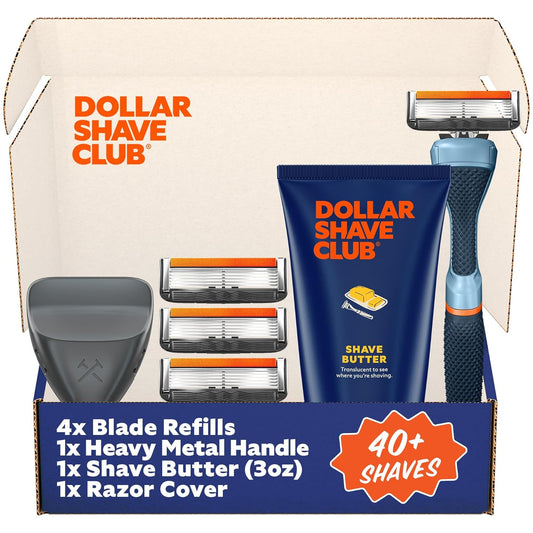 Dollar Shave Club | The Member Exclusive Shave Set | 4 Extra Close Refill Cartridges, 1 Handle (Blue), 1 Shave Butter 3 ounce, 1 Razor Cover, Razors for Men