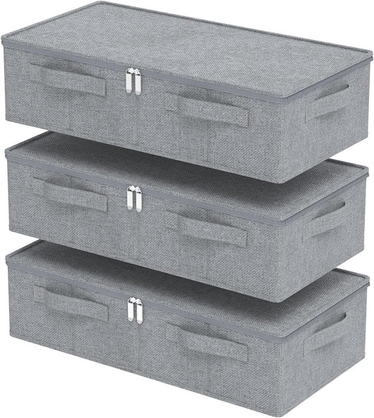 Underbed Storage Box, Foldable Under Bed Bins Container, Fabric Closet Organizer with Lid, for Clothes, Sheets, Blankets, 23.6x11.8x5.9in, Grey, 3 Pack
