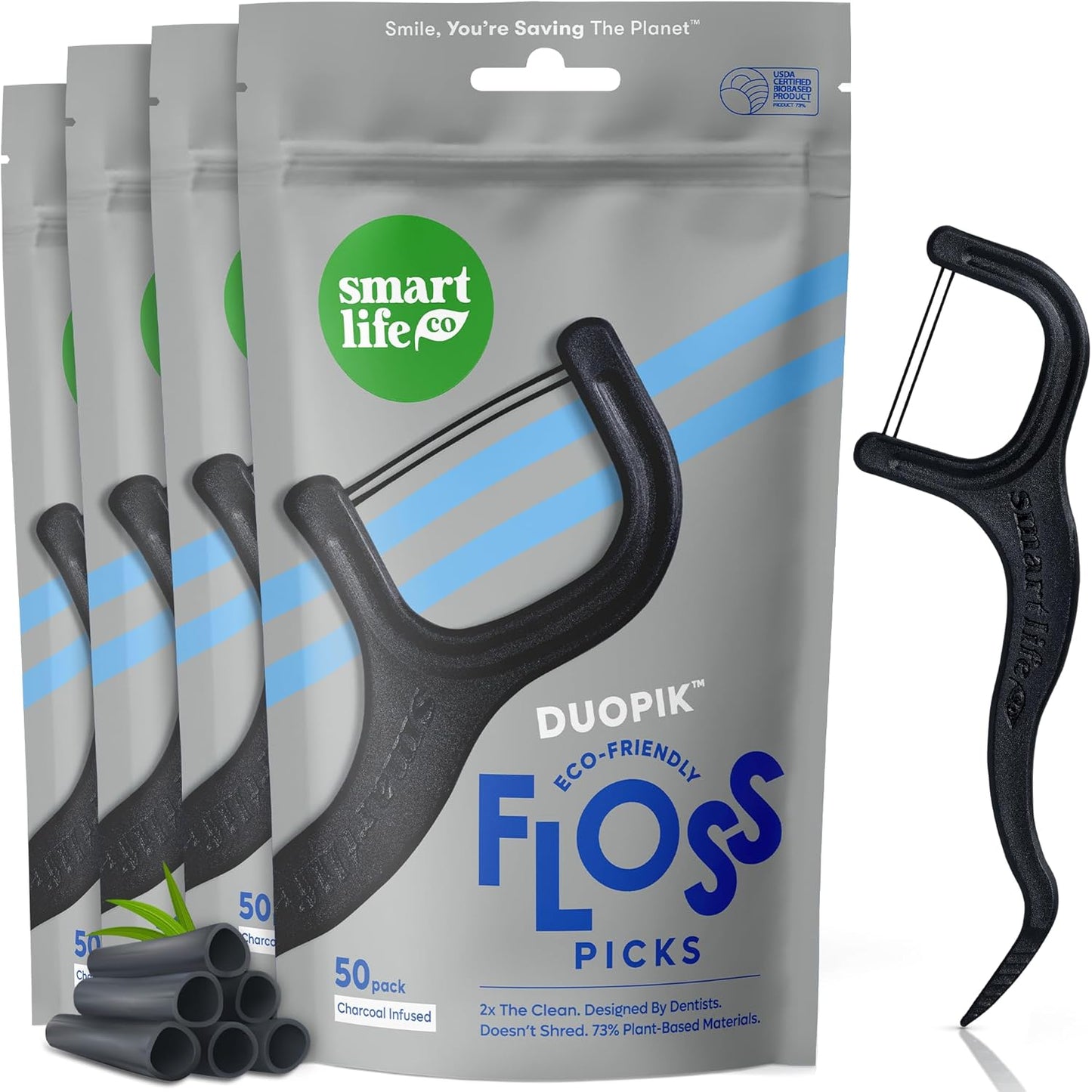 SmartLifeco Eco-Friendly Dual-Thread Dental Floss Picks (200ct) - Flossers Made with Straw Wheat Blend, Natural Teeth Whitening, Tooth Pick Stick for Adults, Activated Bamboo Charcoal Floss Thread