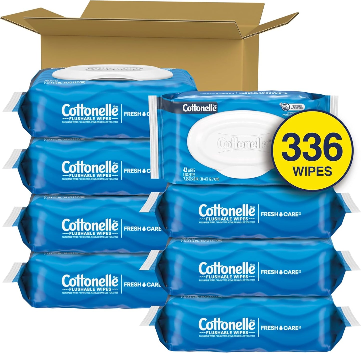 Cottonelle Fresh Feel Flushable Wet Wipes, Adult Wet Wipes, 8 Flip-Top Packs, 42 Wipes Per Pack (336 Total Wipes), Packaging May Vary