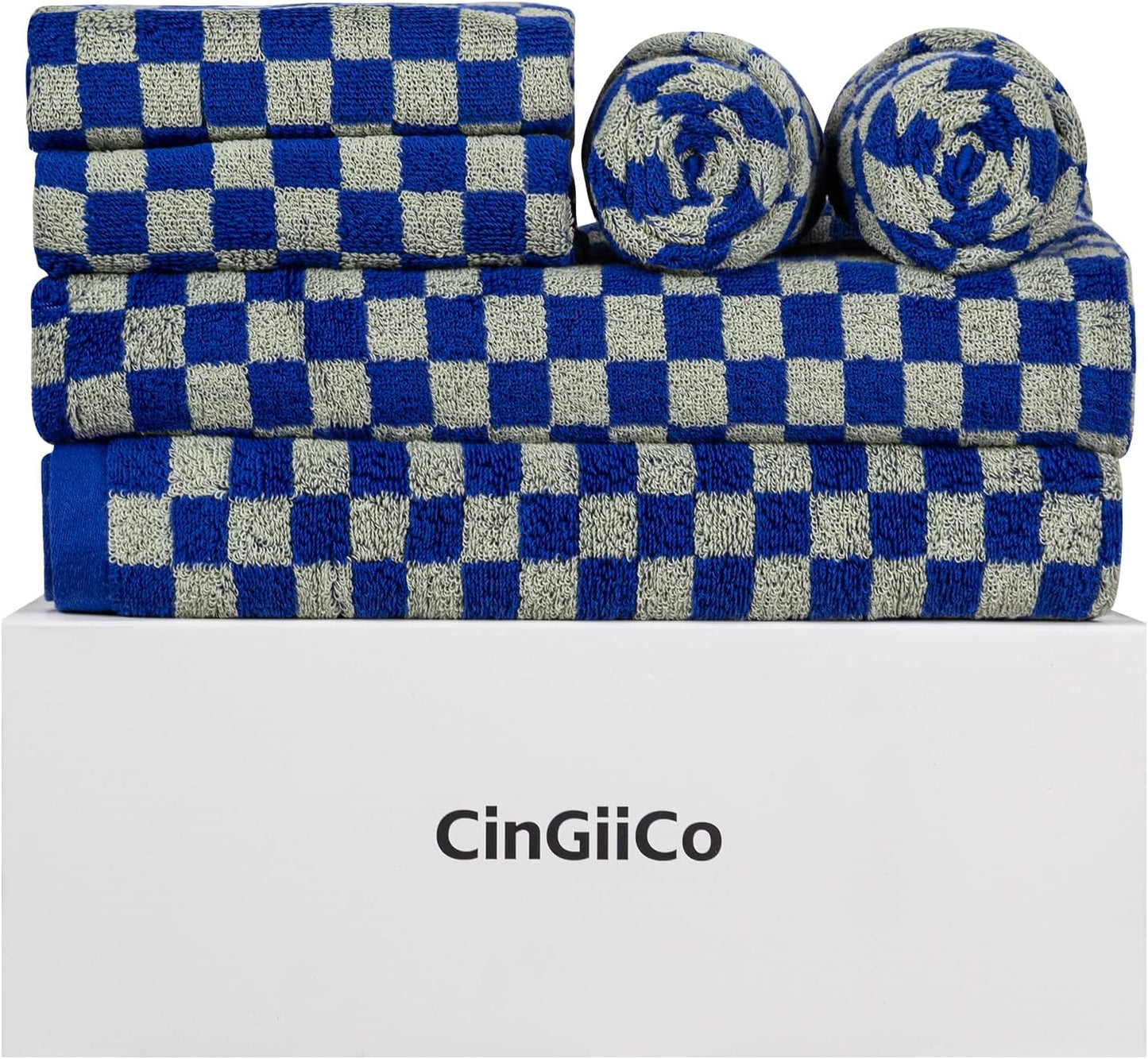 Checkered Bath Towels Set of 6 Large, 520GSM, 100% Cotton Shower Towels * 2 (55.12"*27.56"), Hand Towels * 4 (29.52"*13.77"),Towels for Bathroom、Pool、Hotel, Spa, Soft Absorbent（Midnight Blue