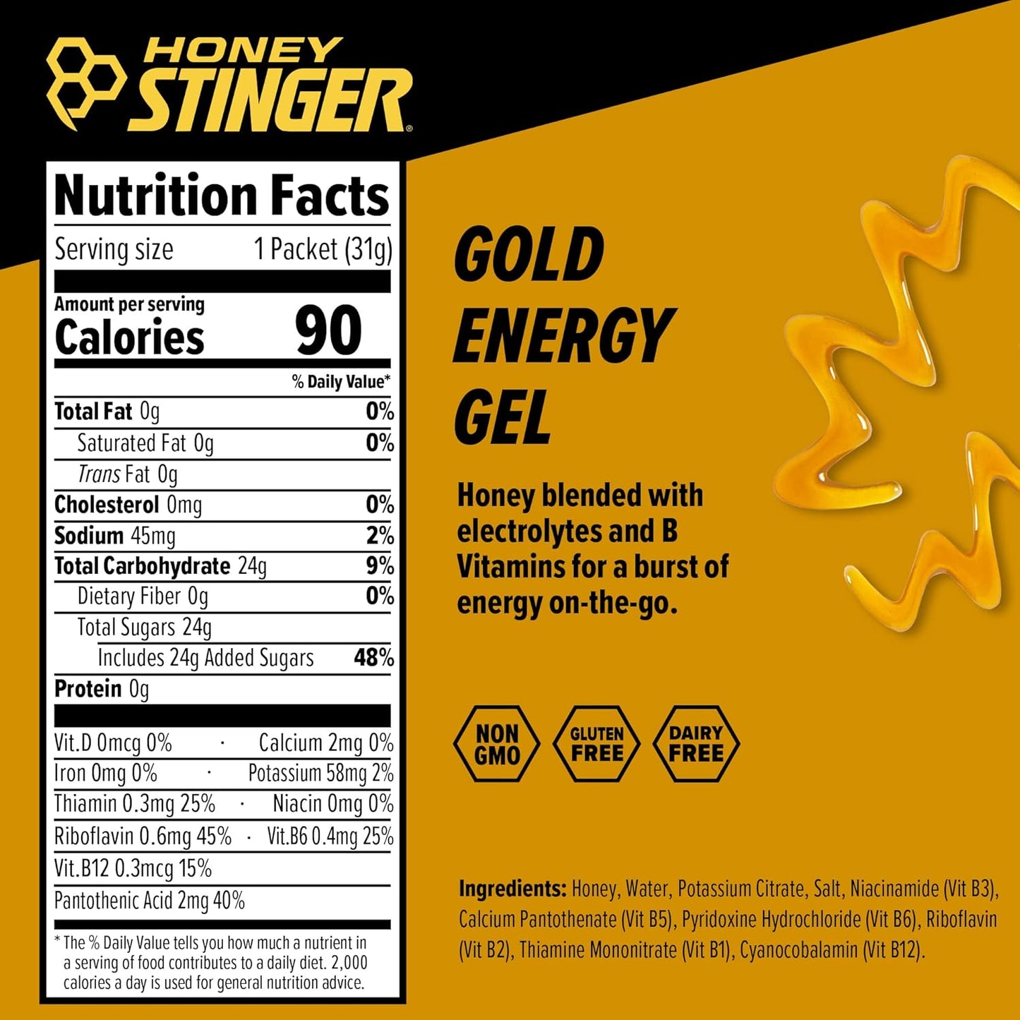 Honey Stinger Gold Energy Gel, Gluten Free & Caffeine Free, for Exercise, Running and Performance, Sports Nutrition for Home & Gym, Pre and Mid Workout, 12 Pack, 13.2 Ounce