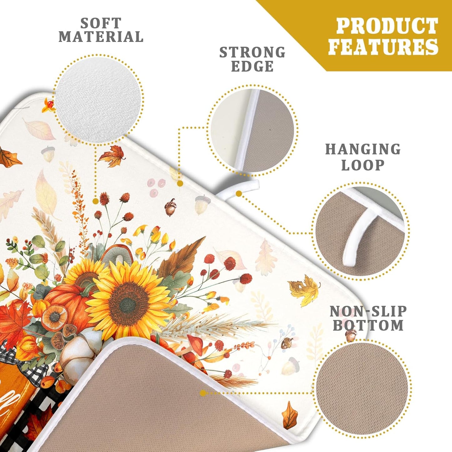 Autumn Pumpkin Dish Drying Mat 16x18 Inch Sunflower Flower Vase Washable Draining Mat with Hanging Loop Seasonal Holiday Home Decoration