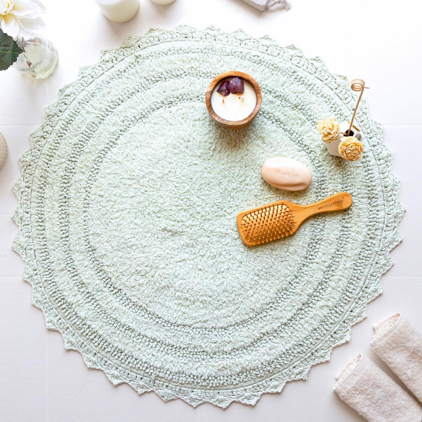 RAJRANG Meadow Mist Green Round Bath Mat – 24 Inch Cotton Crochet Rug with Lace Trim, Soft Absorbent Reversible Mat for Bathroom, Spa and Kitchen