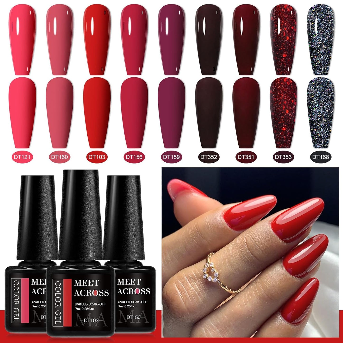 MEET ACROSS 9 Colors Gel Nail Polish + 3PCS Function Gel Nail Polish Kit,Fashion Nail Art Set Design Gifts for Women Manicure Salon (SET1, 12pcs)