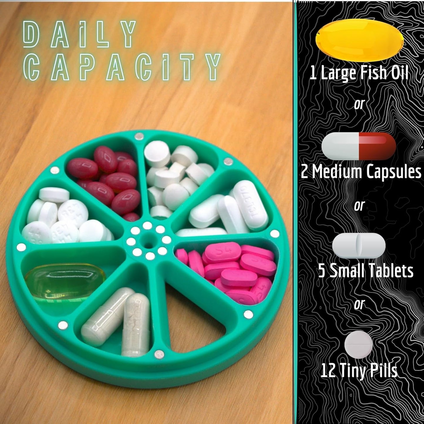 Travel RX Pill Case by Type Two Labs – Weekly 7 Day Pill Box, Compact Magnetic Organizer for Pills fits Purses or Pockets, Rugged Daily Caddy Holds Vitamins, Supplements, Medication. (PNW Green)