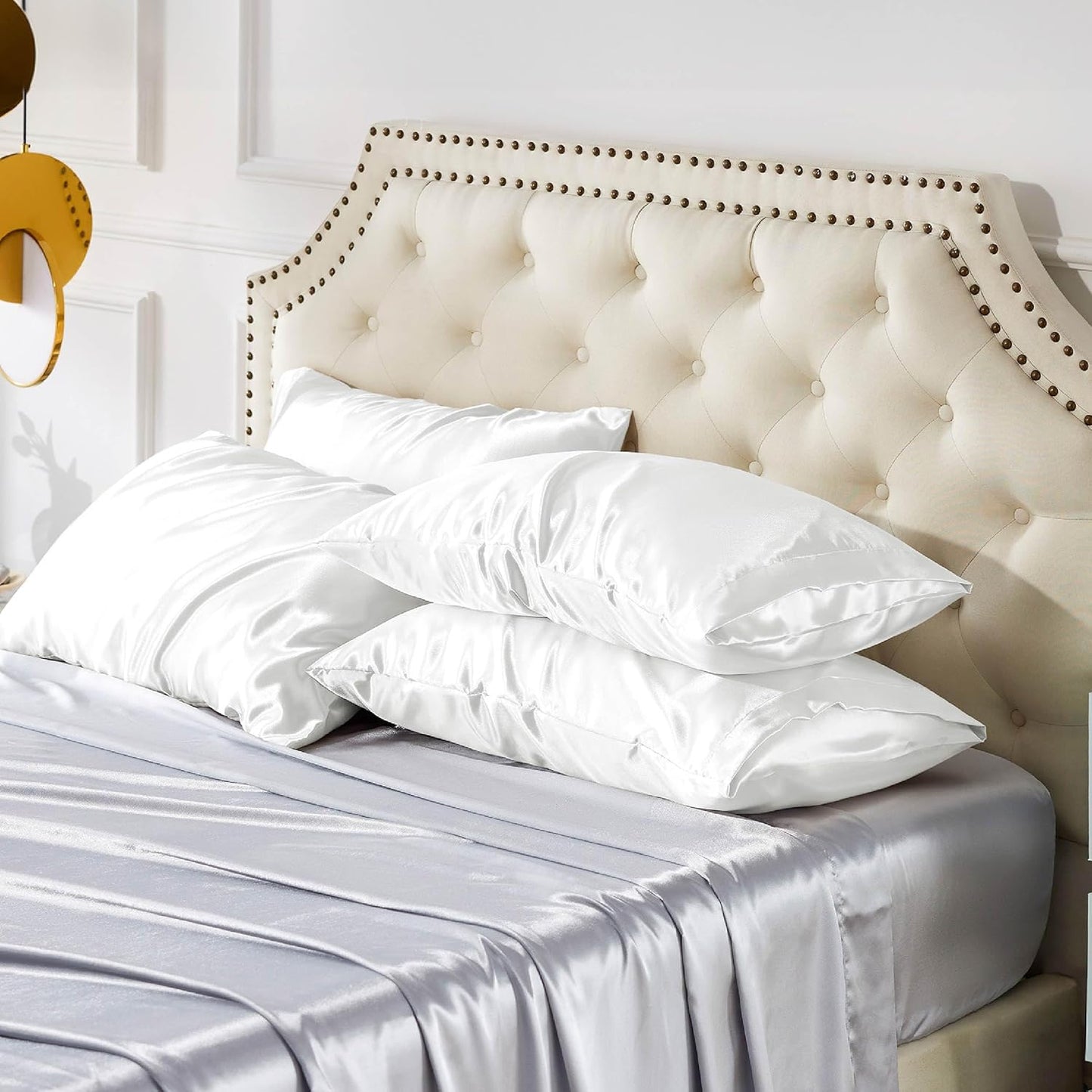 Bedsure Satin Pillowcase Standard Set of 4 - Pure White Silky Pillow Cases for Hair and Skin 20x26 Inches, Pillow Covers with Envelope Closure, Gifts for Women Men