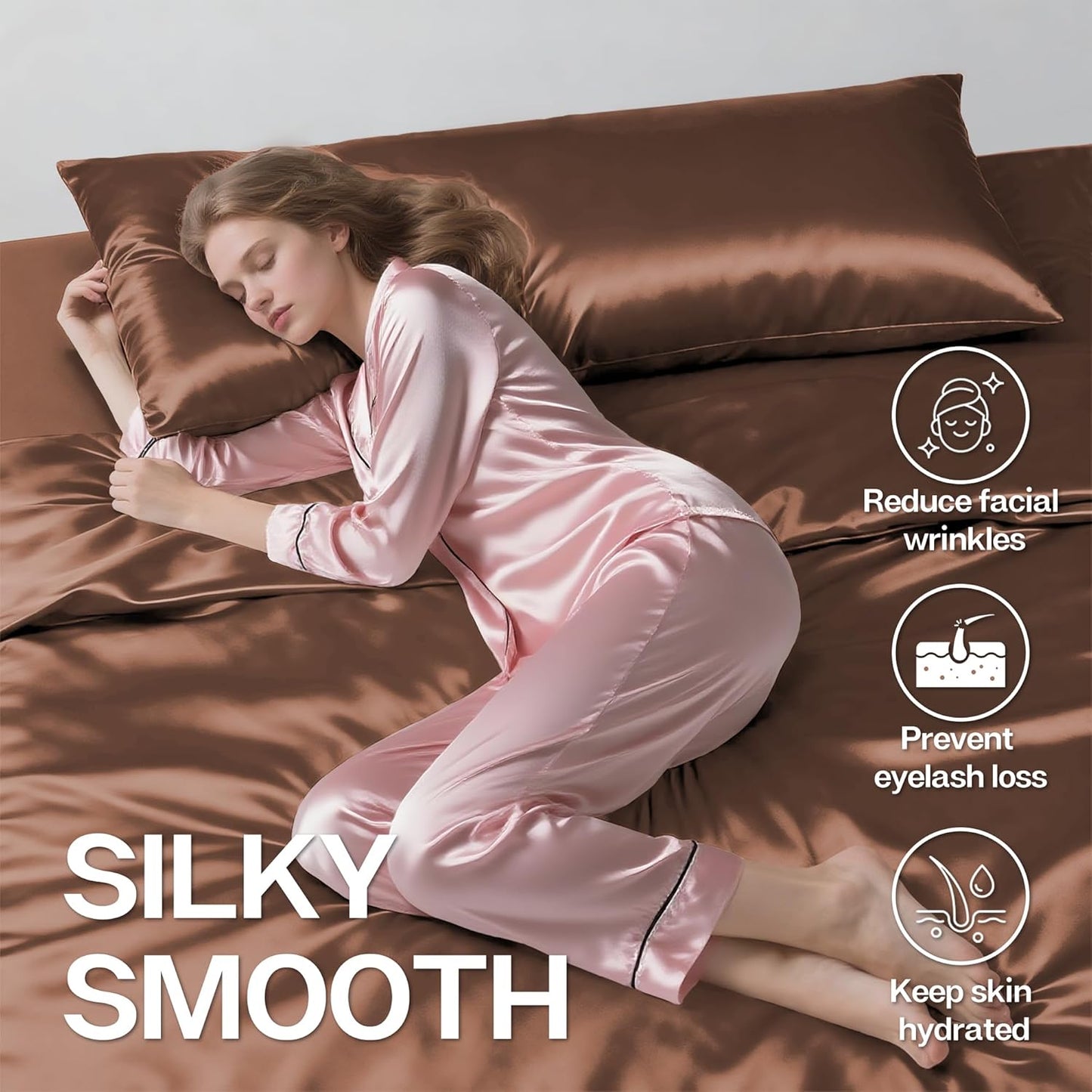 MR&HM Satin Body Pillow Cover, Soft and Breathable Body Pillow Case with Envelope Closure, Cooling and Silky Long Pillowcase for Hair and Skin,Grey (20x54, Mocha Mousse)