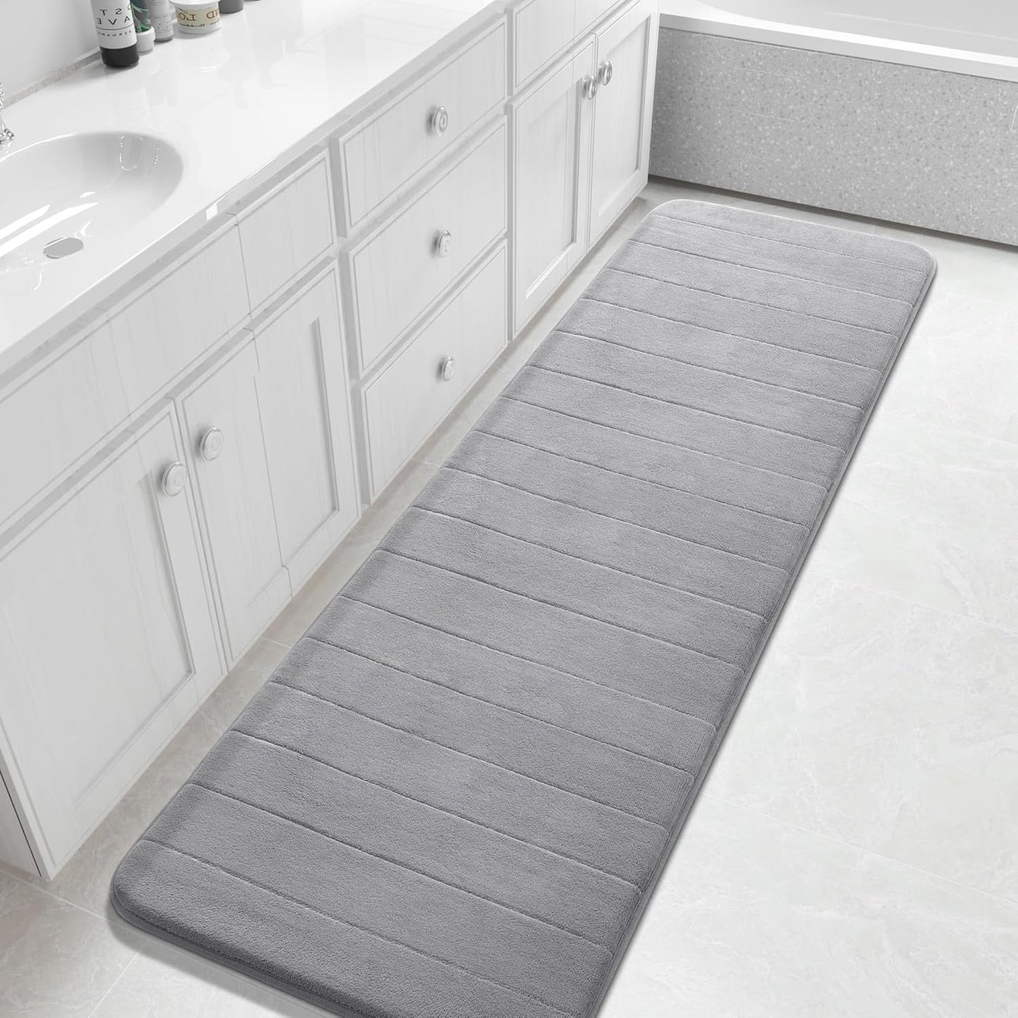 Yimobra Bathroom Runner Rugs 72"x24" Non Slip Washable Memory Foam Bath Mat, Super Soft Water Absorbent Hallway Carpet for Vanity Tub Shower, Gray