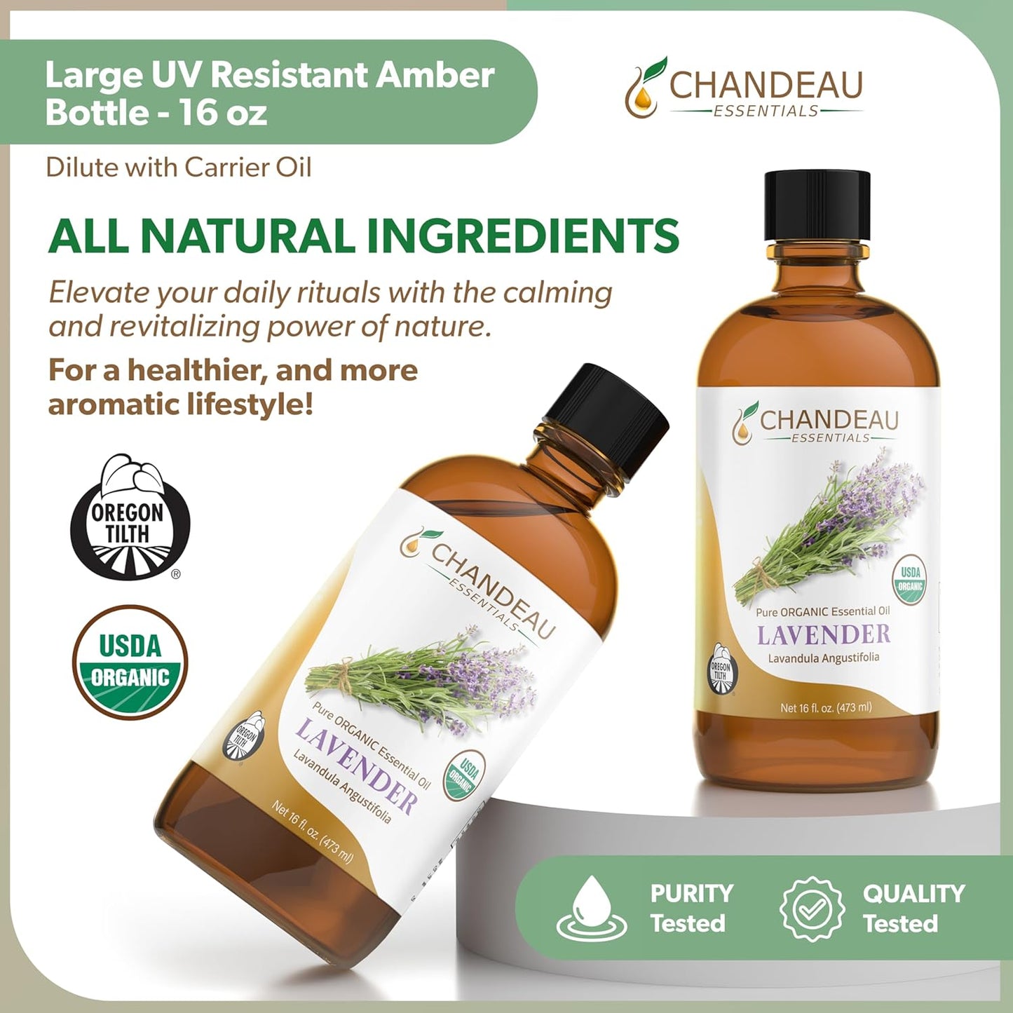 100% Pure Organic Essential Oil, Pure Lavender Essential Oil for Aromatherapy, Soap Making, Candles, Laundry, Perfume, Cleaners or Diffusers - Large Amber Glass Bottle, 16 oz.