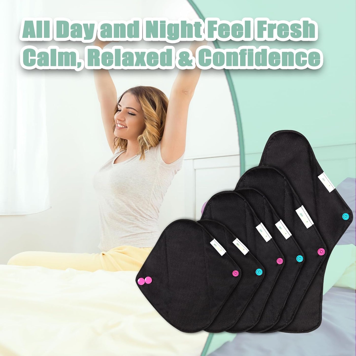 wegreeco Charcoal Reusable Menstrual Pads - Reusable Sanitary Pads | Panty Liners | Soft Cloth Menstrual - 6 Pack with 1 Cloth Mini Wet Bag (Starter Kit Set, Mix Size, Black)