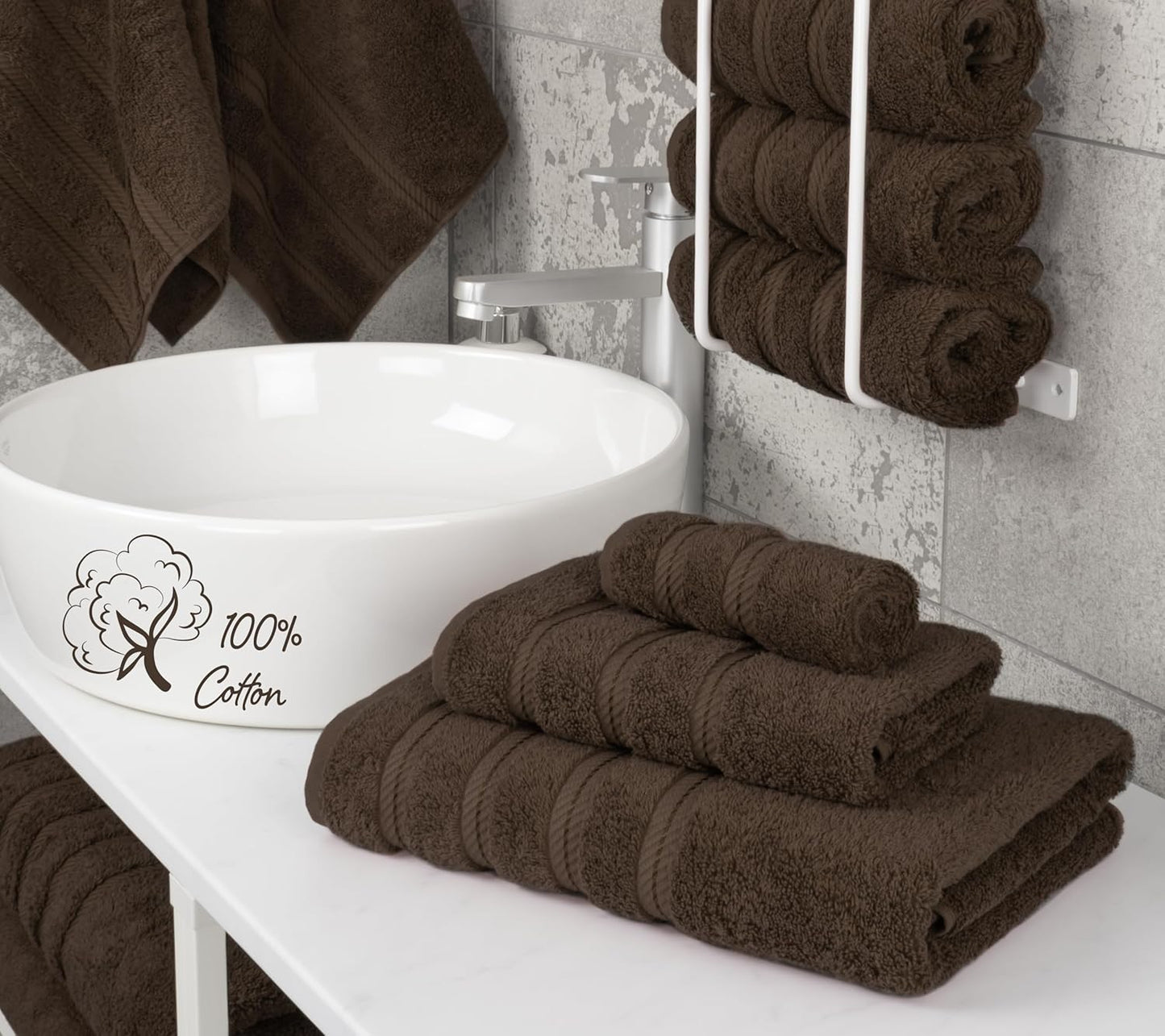 American Soft Linen Premium 3 Piece Towel Set, 1 Bath Towel 1 Hand Towel 1 Washcloth, 600 GSM 100% Cotton Turkish Towels for Bathroom, Brown Towel Set