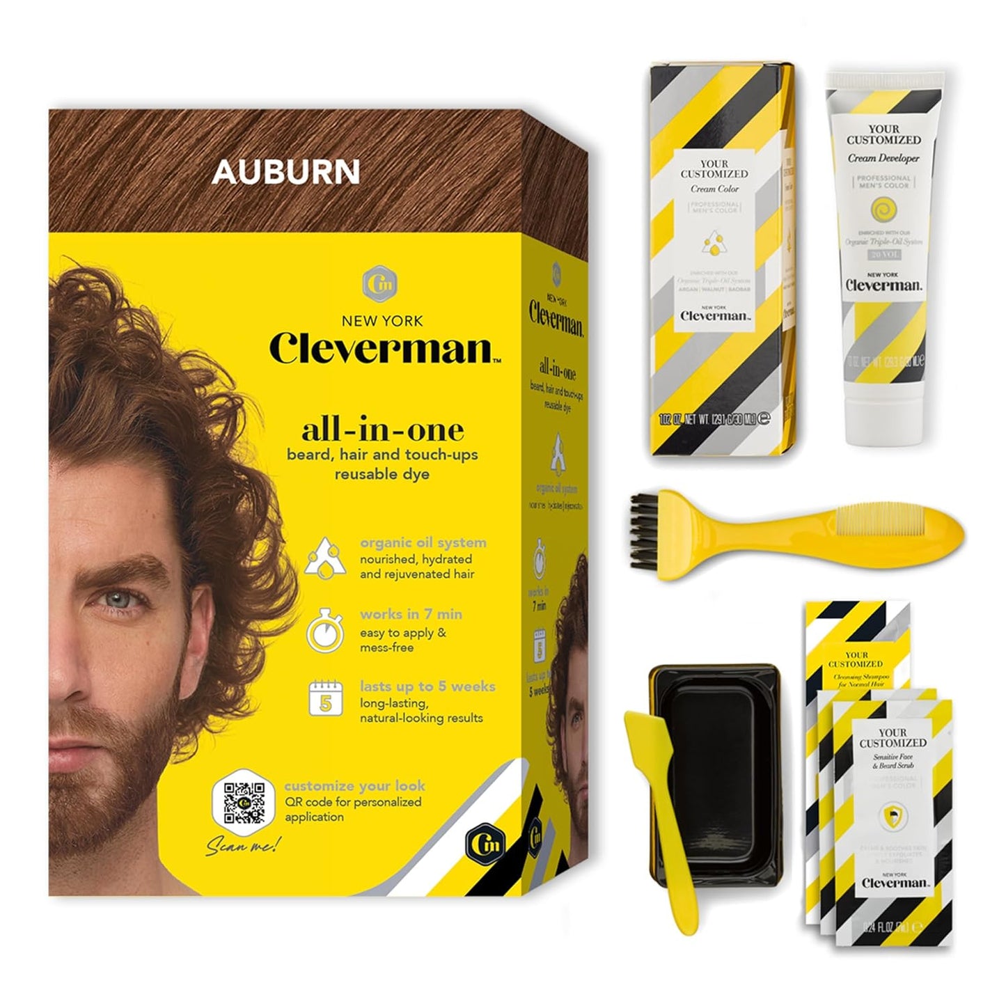 CLEVERMAN Auburn Hair & Beard Dye for Men - All-in-One Reusable Kit, Fast-Acting, Long Lasting, Ammonia-Free, Professional Quality for Hair, Beard & Gray Mustache - Semi-Permanent Extended