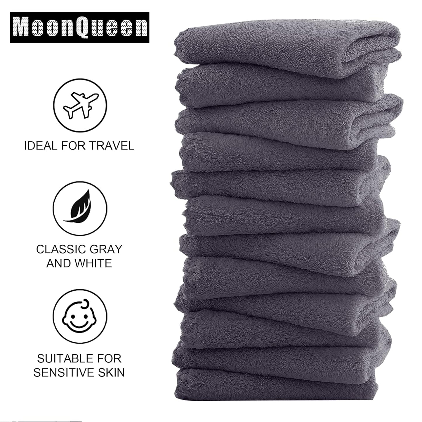 MOONQUEEN Microfiber Facial Cloths Fast Drying Washcloth 12 Pack - Premium Soft Makeup Remover Cloths - Grey