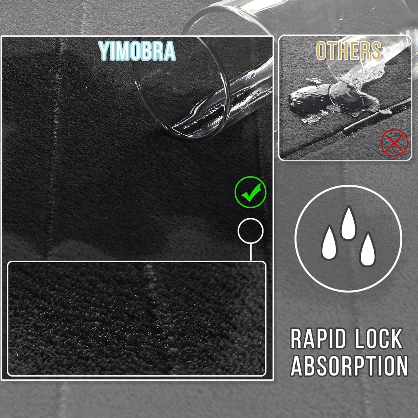 Yimobra Long Bath Mat 44"x24", Super Soft Quick Dry Memory Foam Bathroom Rug, Water Absorbent, Non Slip Backing Machine Washable for Tub Shower, Thick Comfort Support, Black