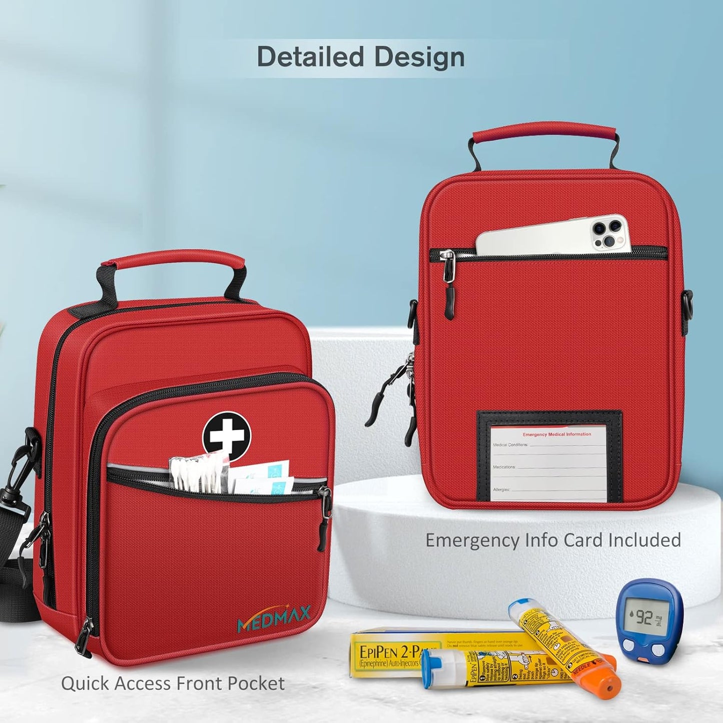 Insulin Cooler EpiPen Carrying Case Insulated, Travel Medication Diabetes Supplies Organizer Bag with Shoulder Strap for Asthma Inhaler, Auvi-Q, Allergy Medicine Essentials (Red)