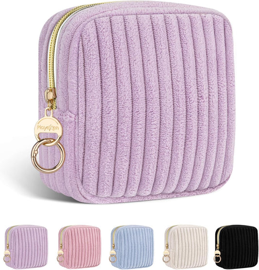 Period Bag for Teen Girls, Corduroy Sanitary Napkin Storage Bag, Fluffy Menstrual Pad PouchTampon Holder for Purse (Purple)
