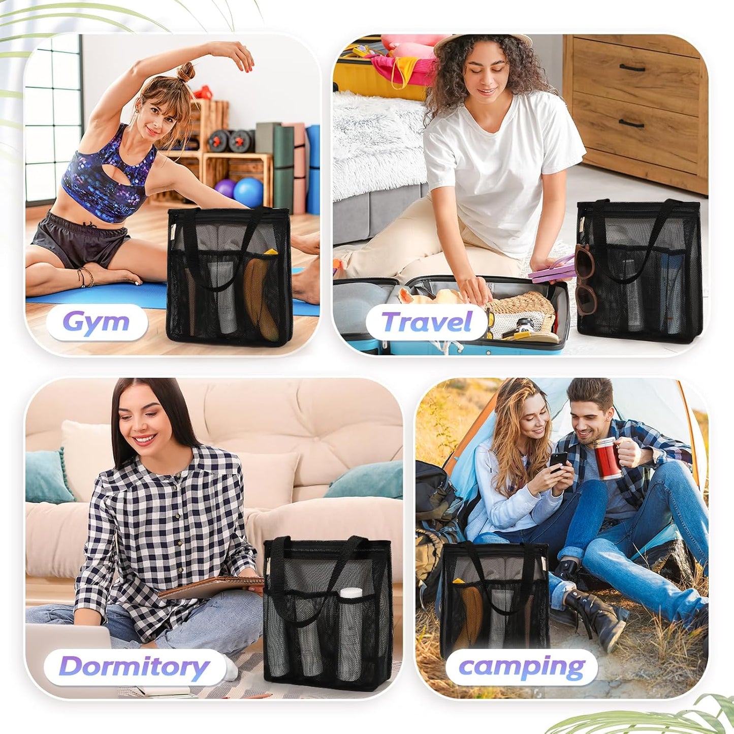 Portable Mesh Shower Caddy, Gym Travel Camp Dorm Room Essentials for College Student Boy Girl, Bathroom Shower Bag - Black