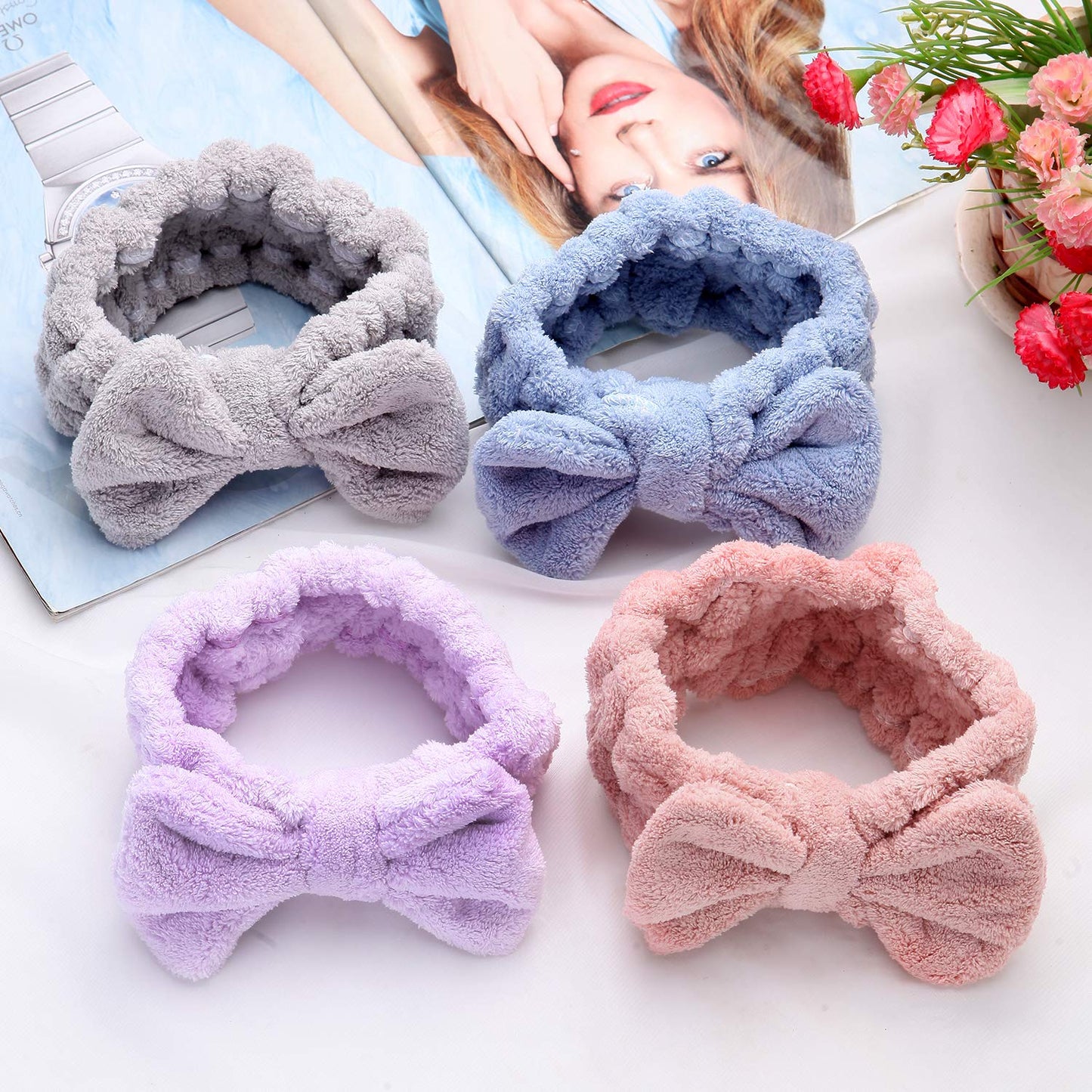 4 Pack Makeup Spa Headband Microfiber Bow Towel Soft Fluffy Washing Face Headband for Women Girls Shower Bath Skincare (Pink, Light Blue, Purple, Gray)