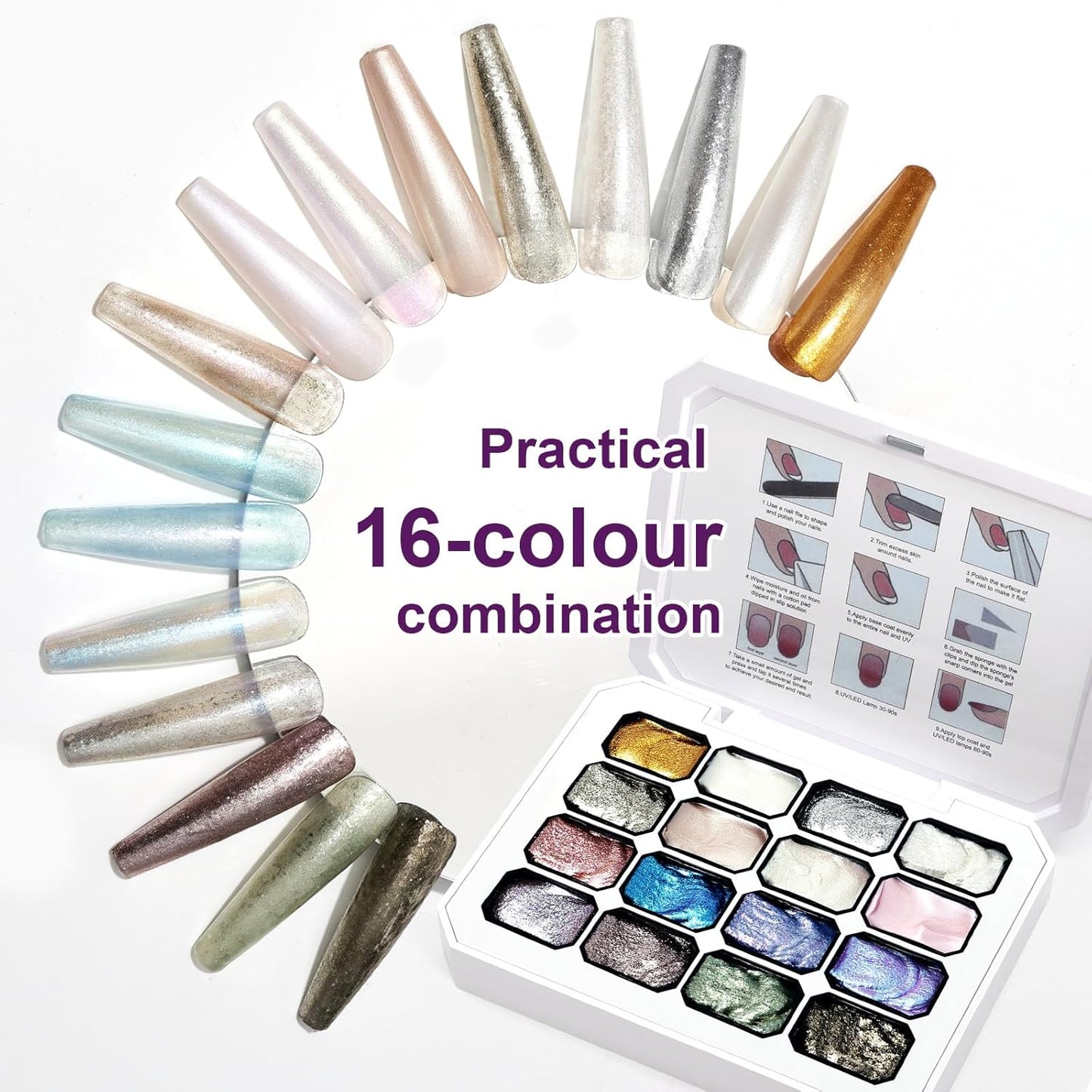 Gradient Painting Gel, 16 Gliter Colors Ombre Gel Nail Polish for Pigment Pat Silver&Gold Pink Blue Aurora color Bright Nails, French Manicure DIY Nail Art No-wipe Palette for Women