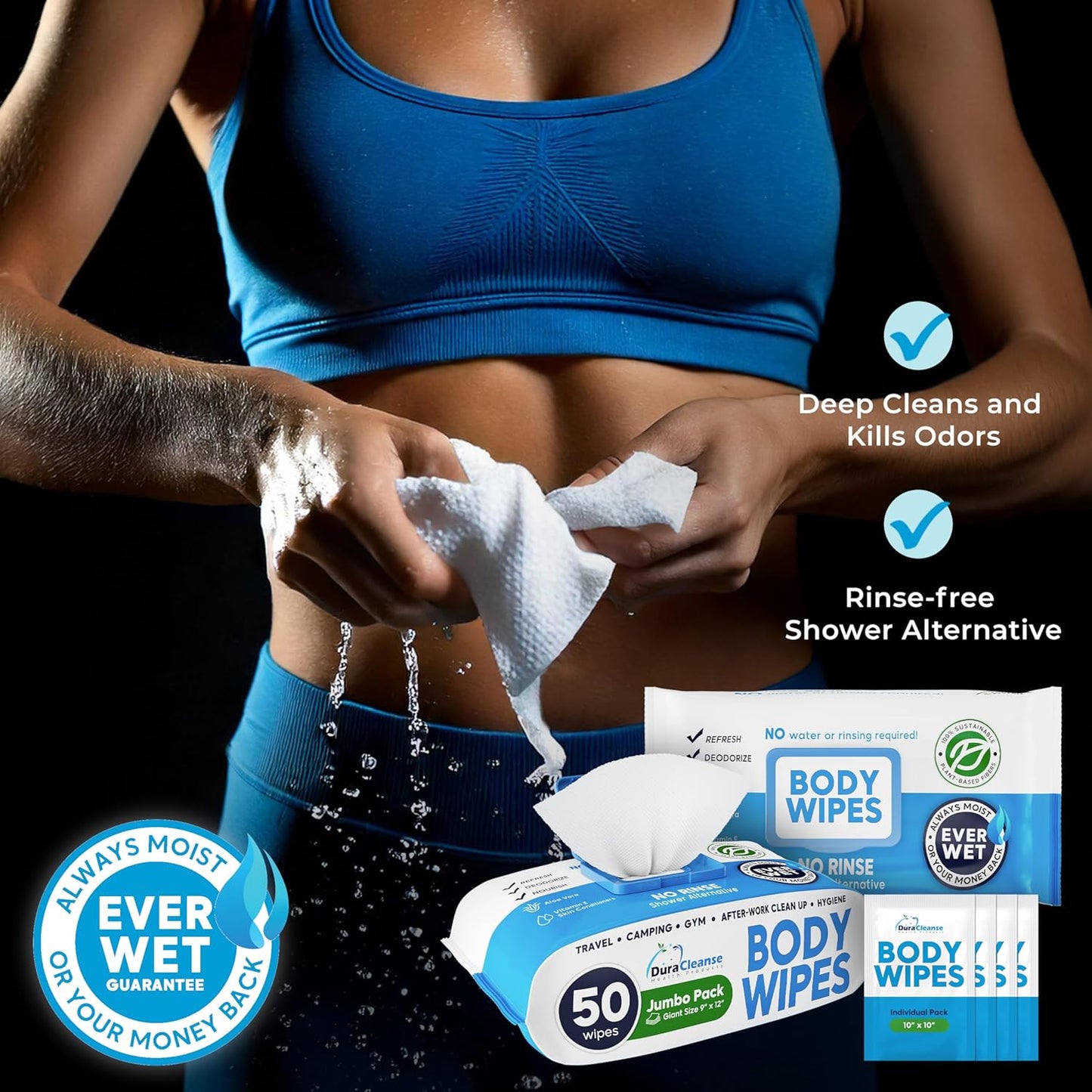 XL Body Wipes for Adults Bathing No Rinse - 50 Ct. + 4 Travel Shower Wipes - 9"x12" Thick Cleansing Bath Wash Sheets for Elderly Incontinence, Men & Women - Camping Essentials Disposable Washcloths