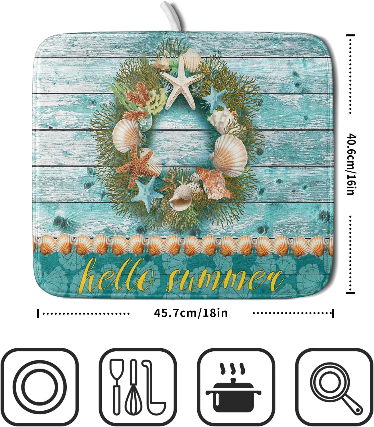 Coastal Wreath Dish Drying Mat 16x18 inch Starfish Shell Absorbent Microfiber Dish Rack Mats Drainer Pad Kitchen Countertop Accessories
