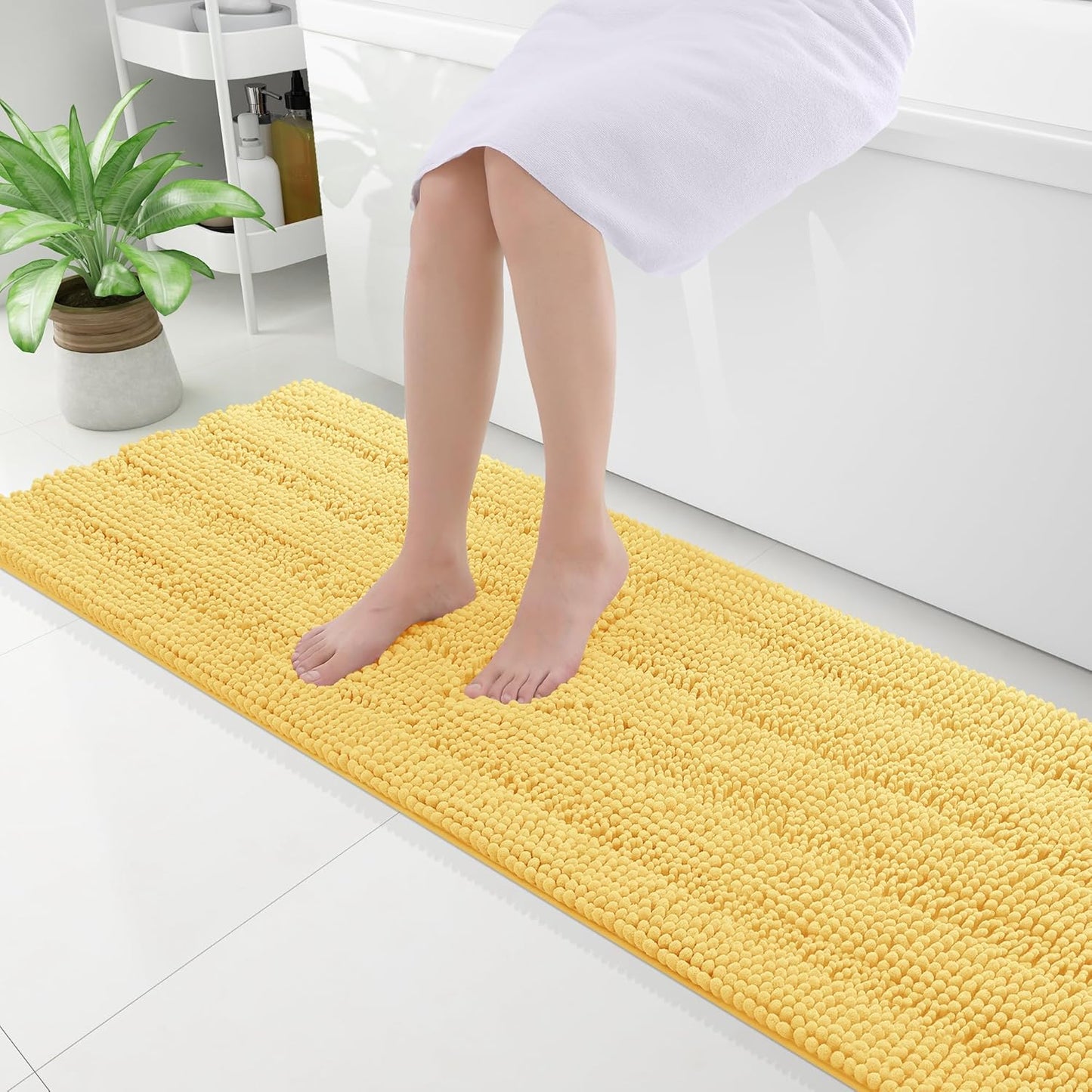 Grandaily Chenille Striped Bathroom Rugs 59x20, Extra Thick and Absorbent Bath Mats, Non-Slip Soft Plush Shaggy Shower Carpet, Machine Wash Dry, Bath Rug for Bathroom, Yellow
