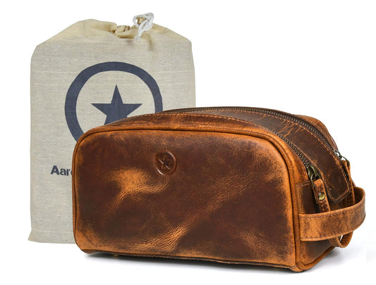 10" Premium Leather Toiletry Travel Pouch With Waterproof Lining Black Color | King-Size Handcrafted Vintage Shaving Kit By Aaron Leather Goods
