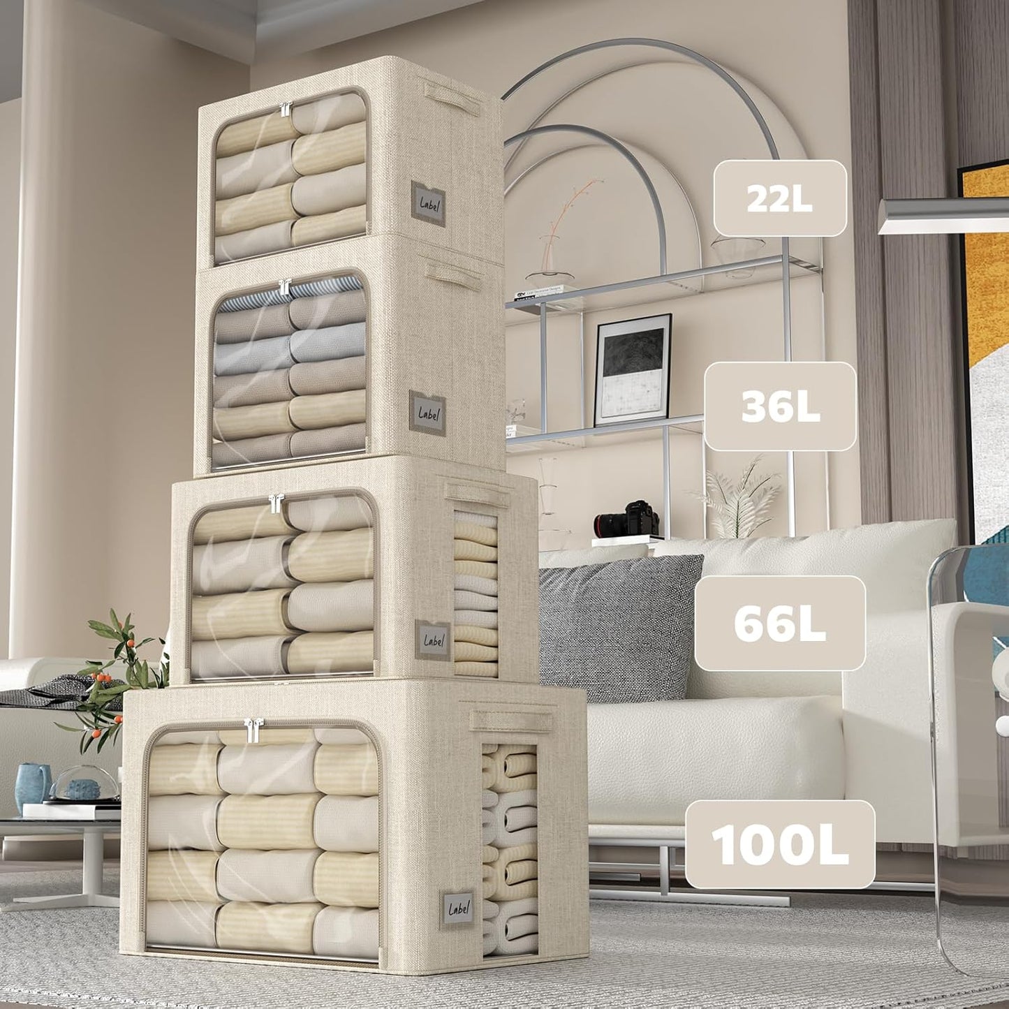 FHSQX 6 Pack Clothes Storage Bins with Metal Frame Foldable Storage Bins for Clothes Linen Fabric Storage Box with Clear Window (Beige, 15.7x11.8x7.8inch(22L))