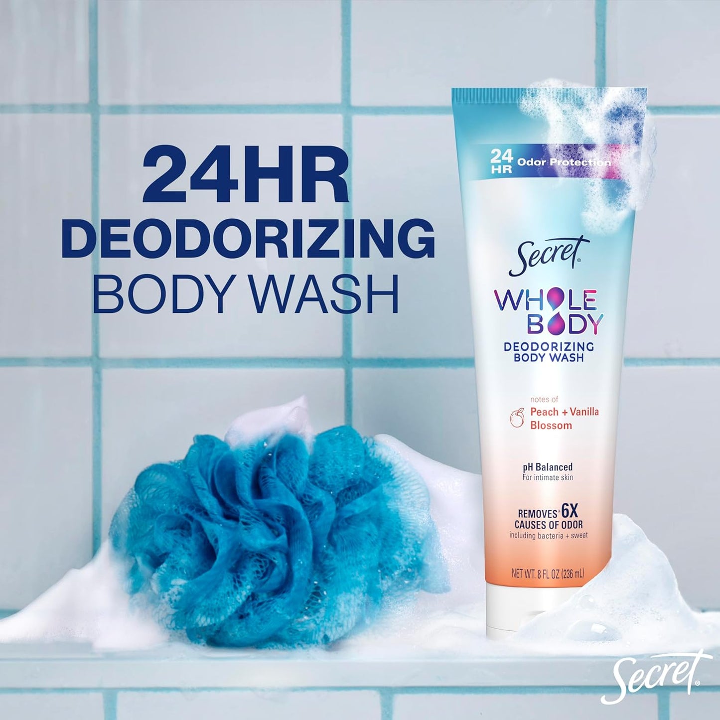 Secret Feminine Wash, 24 HR Deodorizing Feminine Body Wash for Women, Removes 6x Causes of Odor, PH Balanced, Safe to Use Everywhere, Peach & Vanilla Blossom Scent, 8.0 oz