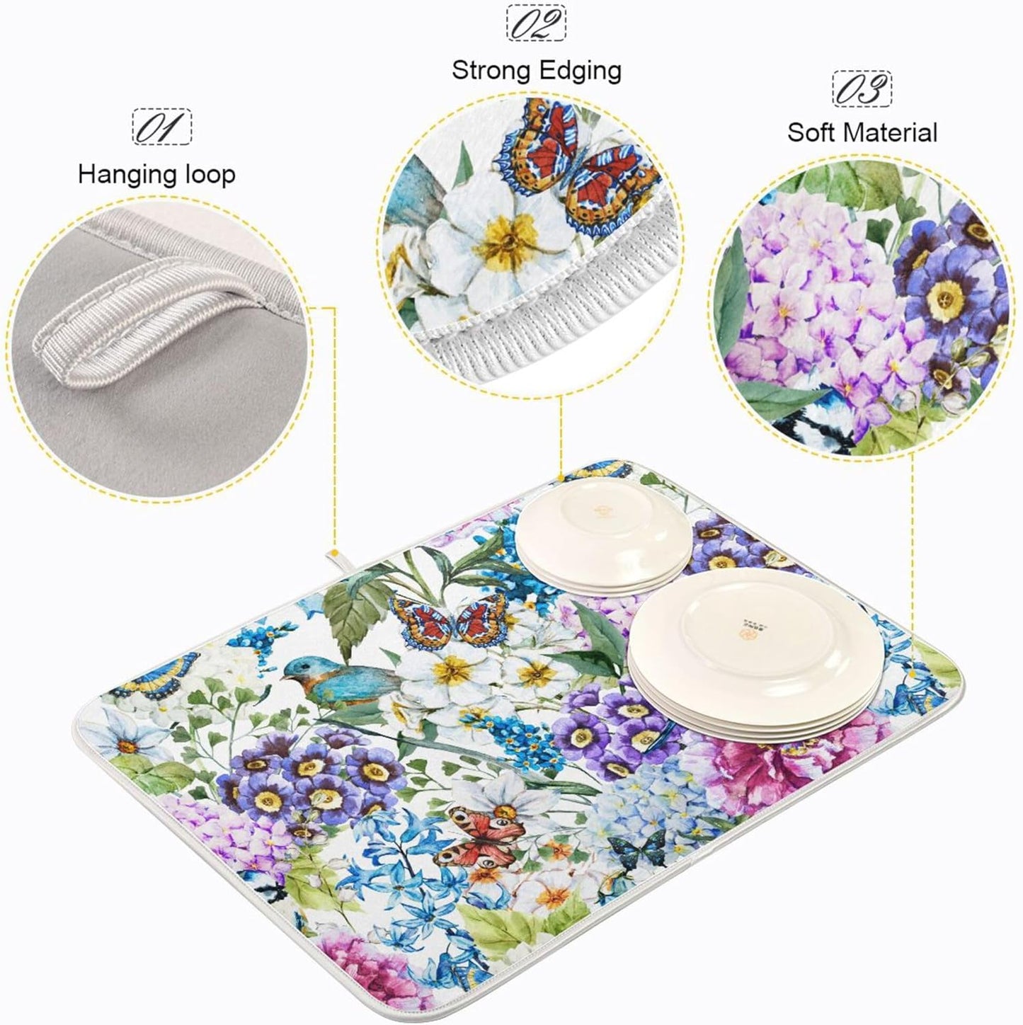 Floral Birds Dish Drying Mat for Kitchen Spring Globe Daisy Butterfly Flowers Microfiber Drying Mats Absorbent Reversible Dish Pad Large Dish Draining Mat 18x24 inch