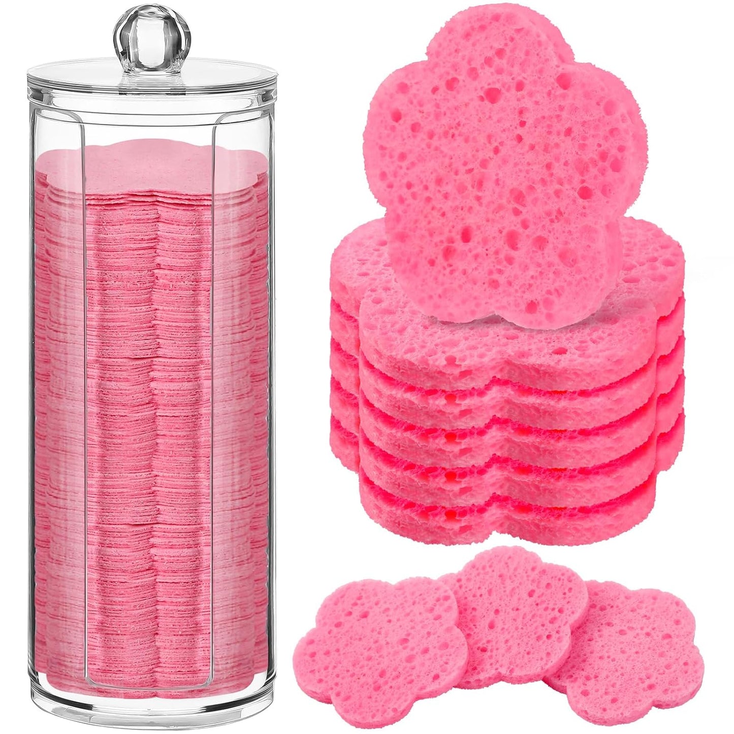 Sieral 120 Pcs Compressed Facial Sponges with Container Disposable Face Sponge Pads for Washing Face Cleansing Exfoliating Esthetician Makeup Removal(Flower,Pink)