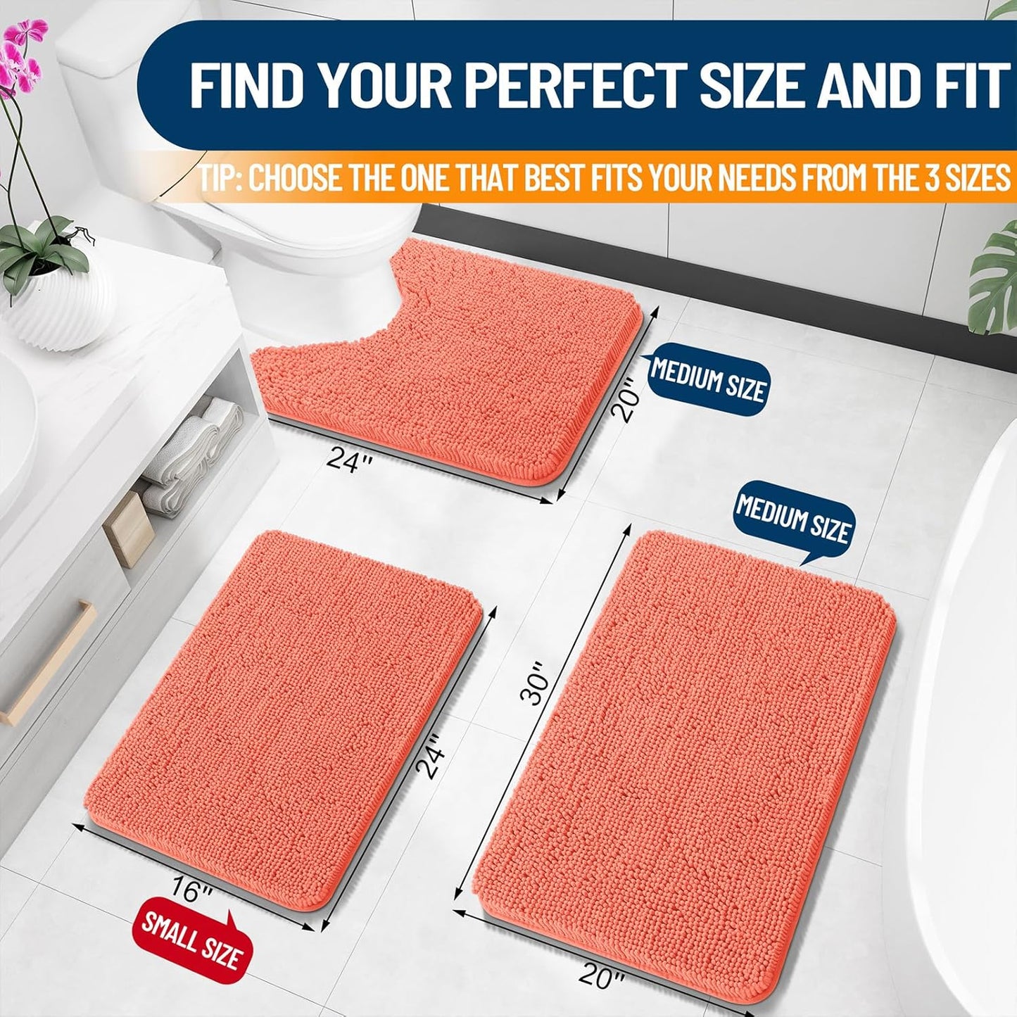 OLANLY Bathroom Rugs 30x20, Extra Soft Absorbent Chenille Bath Rugs, Rubber Backing Quick Dry, Machine Washable Bath Mats for Bathroom Floor, Tub and Shower, Home Decor Accessories, Coral