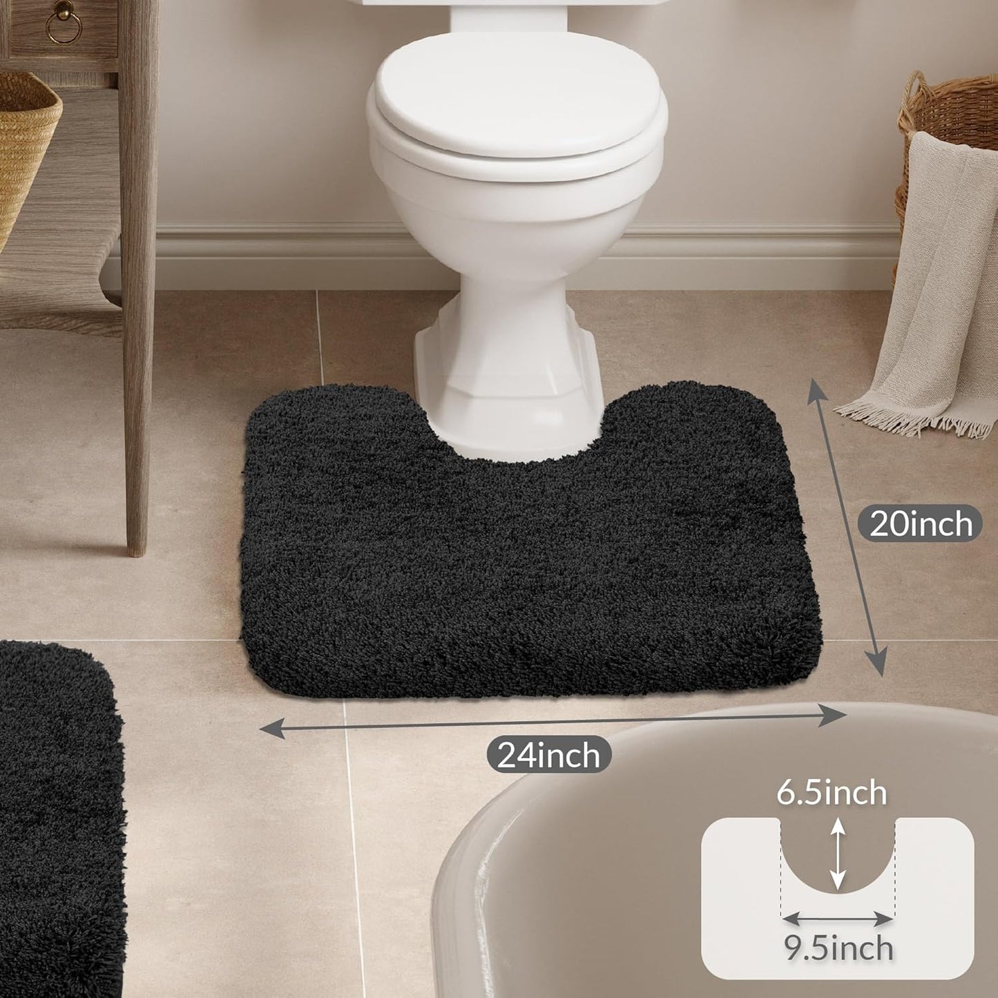 Walensee Contour Rug (20x24, Black) Non Slip Bath Mat for Bathroom Water Absorbent Soft Microfiber Shaggy Mat Machine Washable U Shape Toilet Rug