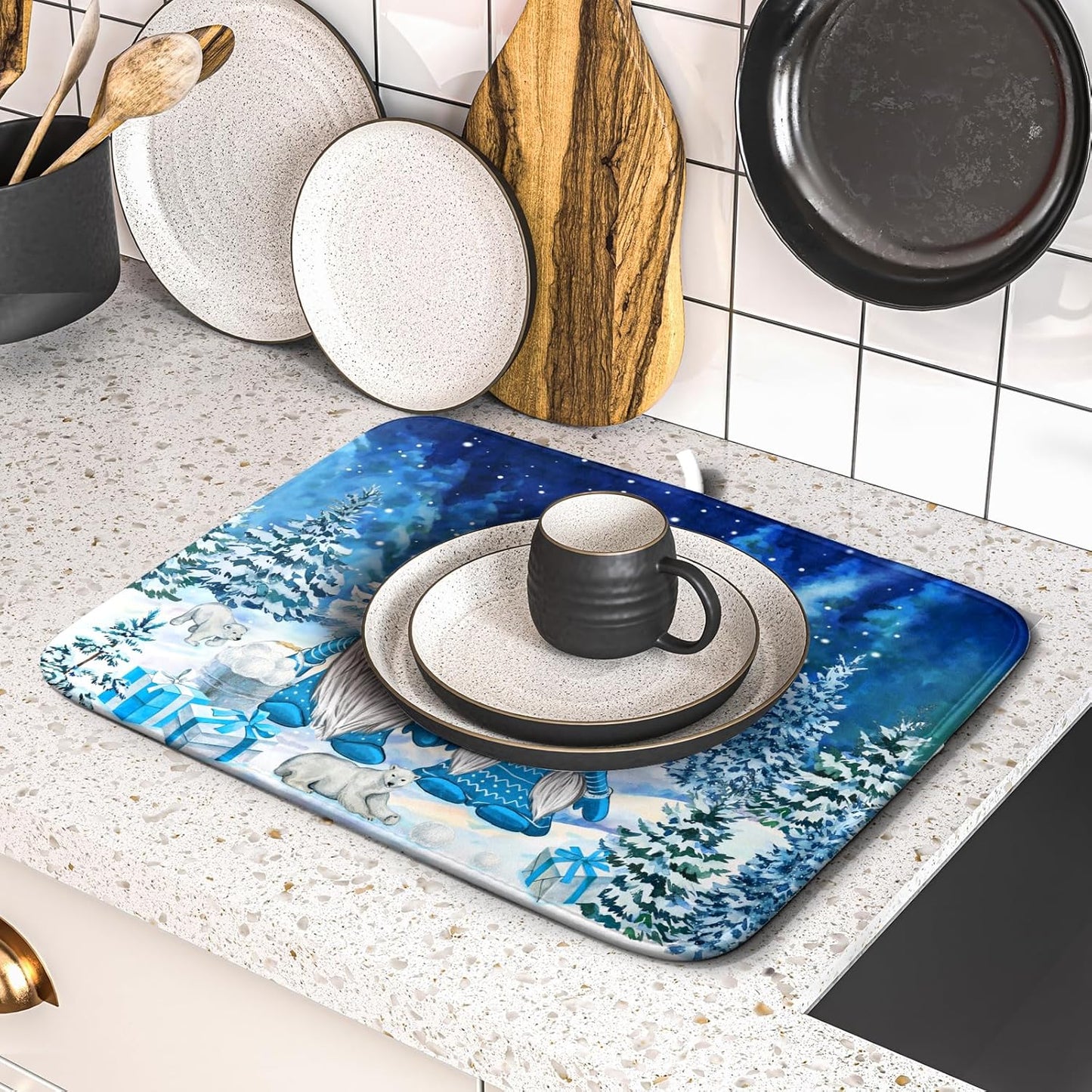 Winter Blue Gnome Dish Drying Mat for Kitchen Counter Pine Tree Microfiber Dish Pad Absorbent Reversible Fast Dry Draining Mats 16x18 Inch