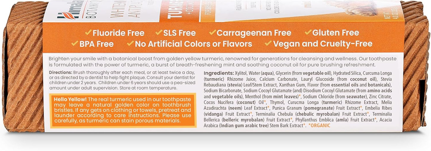 Himalaya Botanique Turmeric & Coconut Oil Whitening Antiplaque Herbal Toothpaste, Whitens Teeth, Fluoride Free, No Artificial Flavors, SLS Free, Vegan, Cruelty Free, Foaming, Mint Flavor, 4 Oz, 4 Pack
