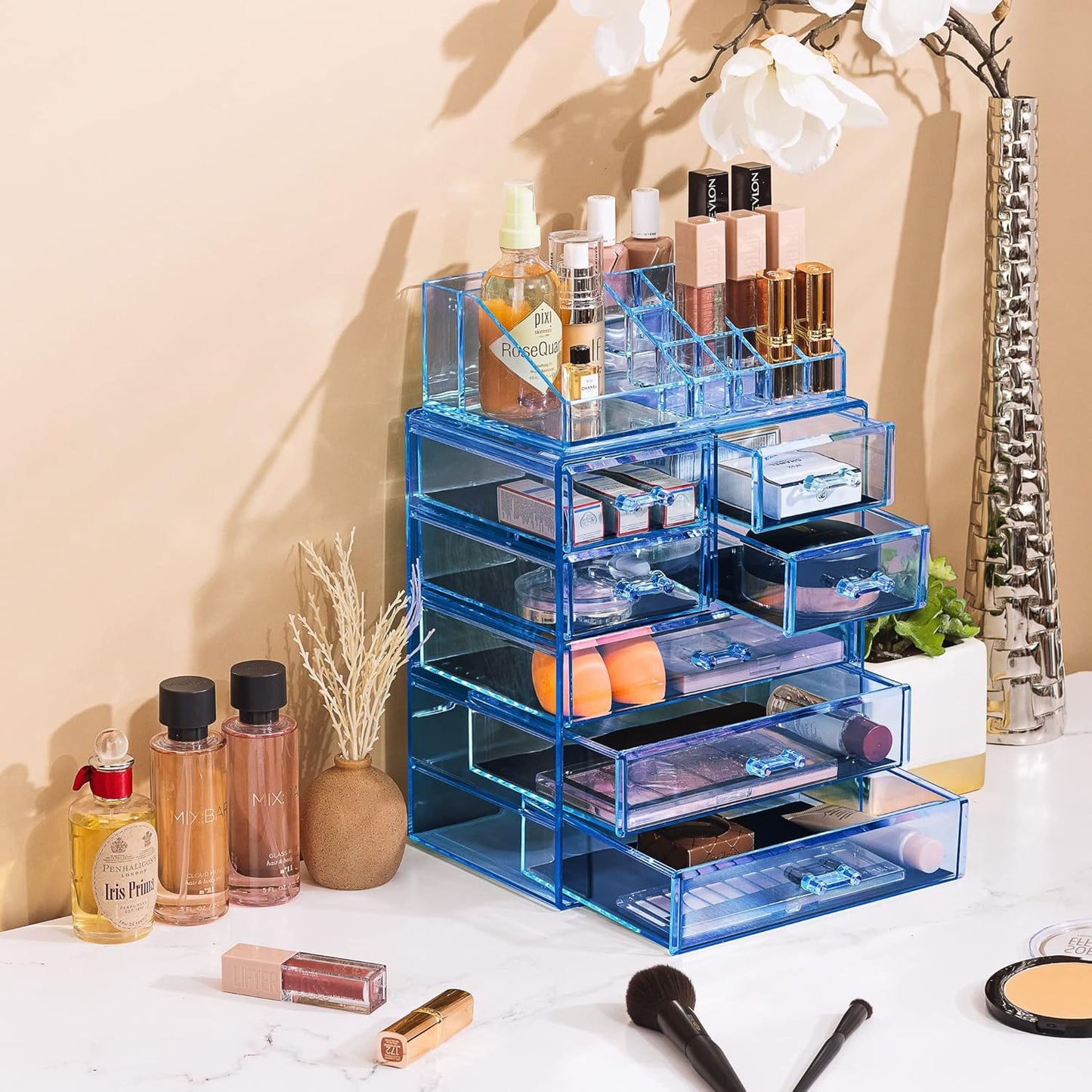 Sorbus Clear Cosmetic Makeup Organizer - Make Up & Jewelry Storage, Case & Display - Spacious Design - Great for Dresser, Bathroom, Vanity & Countertop (3 Large, 4 Small Drawers) [Blue Brilliance]