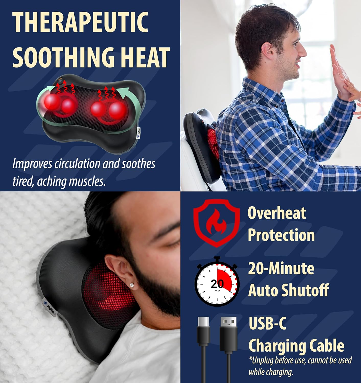 Zyllion Shiatsu Back and Neck Massager with Heat - Cordless Rechargeable 3D Electric Kneading Deep Tissue Massage Pillow for Muscle Pain Relief, Black, ZMA-13RB