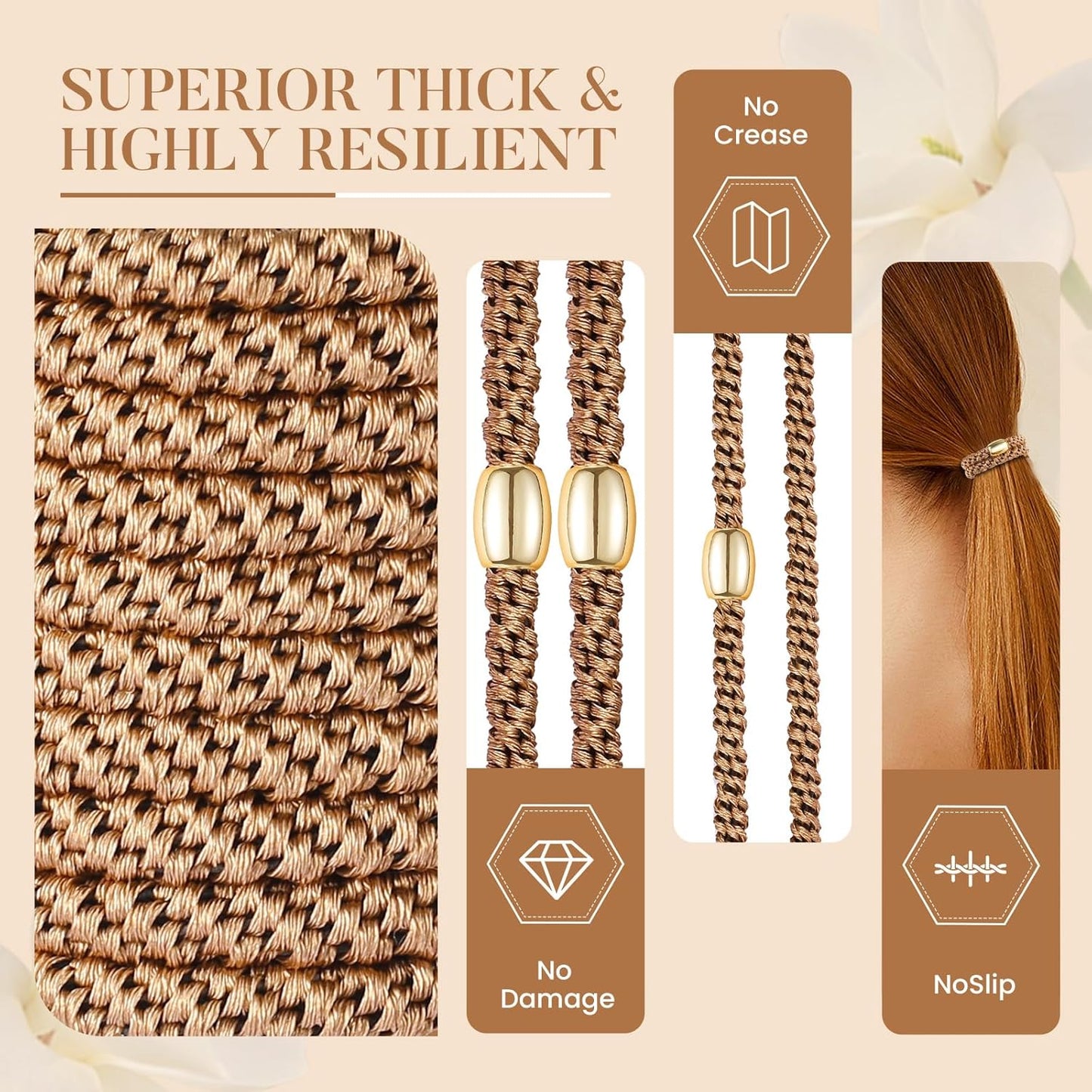 Hair Ties No Damage - 10PCS Ponytail Holders - Elastic Hair Ties for Thick Hair - Braided Hair Bands for Women Girls's Hair - Khaki