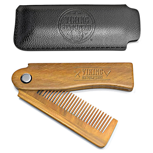 Viking Revolution Folding Beard Comb with Carrying Pouch for Men - All Natural Wooden Comb - Green Sandalwood Comb for Grooming & Combing Hair, Beards and Mustaches (Set of 2 Piece)