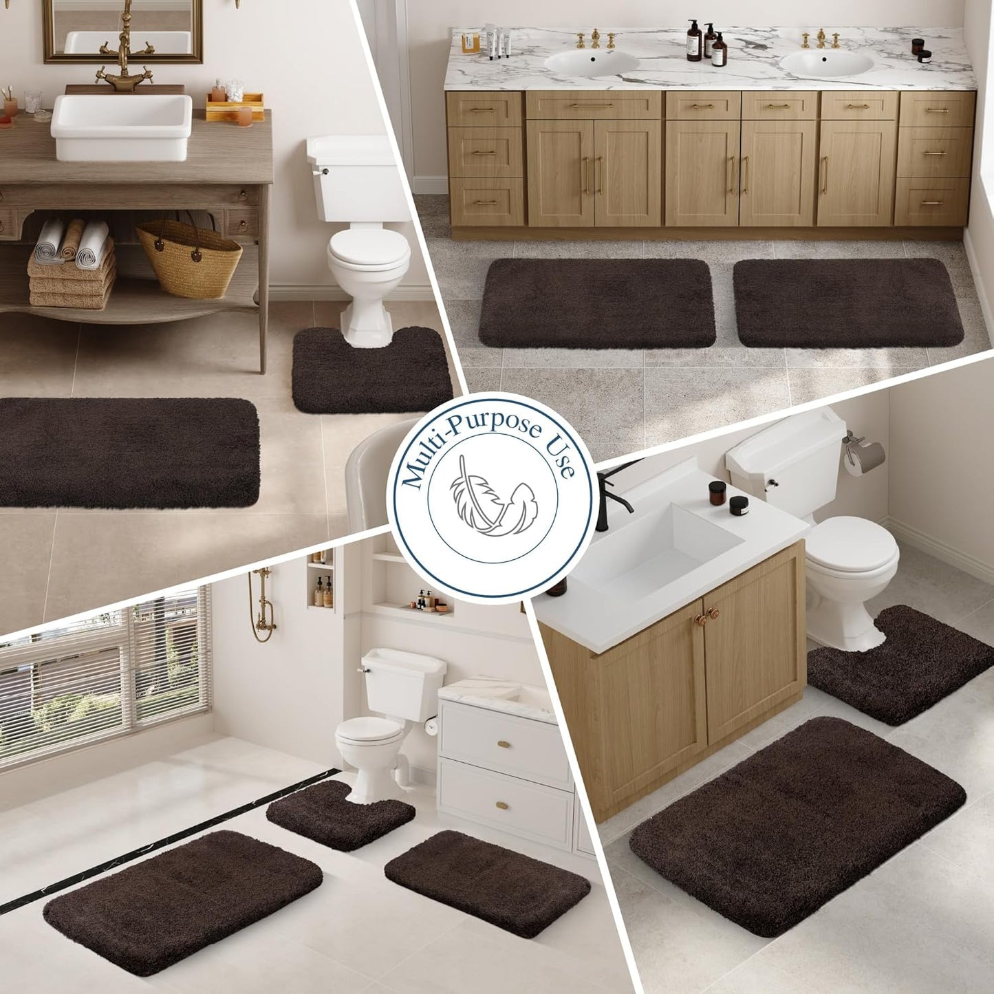 Walensee Bath Rug, 20 x 32, Brown - Soft Microfiber Shaggy Bathroom Mat, Non-Slip, Machine Washable, High-Pile, Absorbent, Quick-Drying, TP Rubber Backing - Housewarming Gift