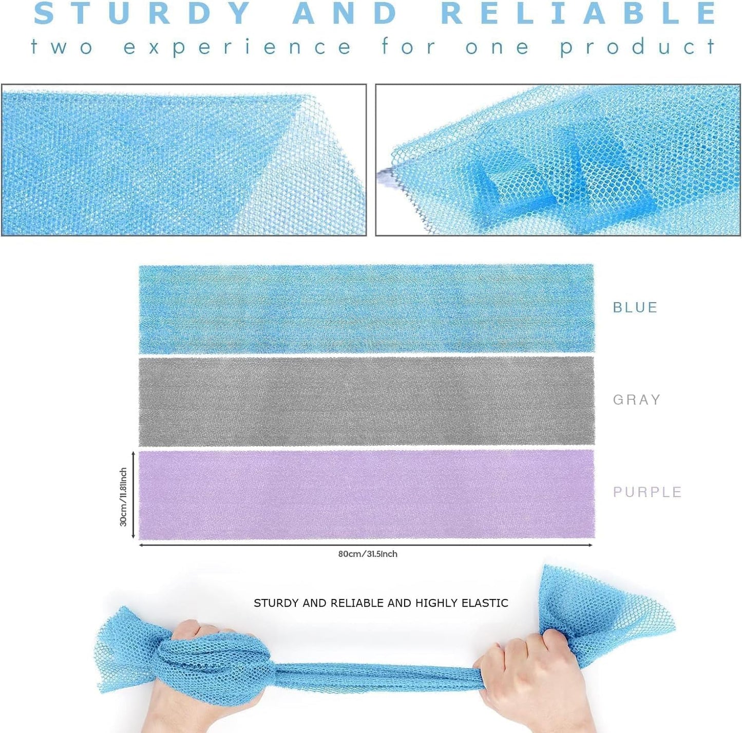 UJFQBH 3 Pieces African exfoliating net African Net Long Net Bath Sponge Exfoliating Shower Body Scrubber Back Scrubber Skin Smoother,Great for Daily Use (Purple Gray Blue)