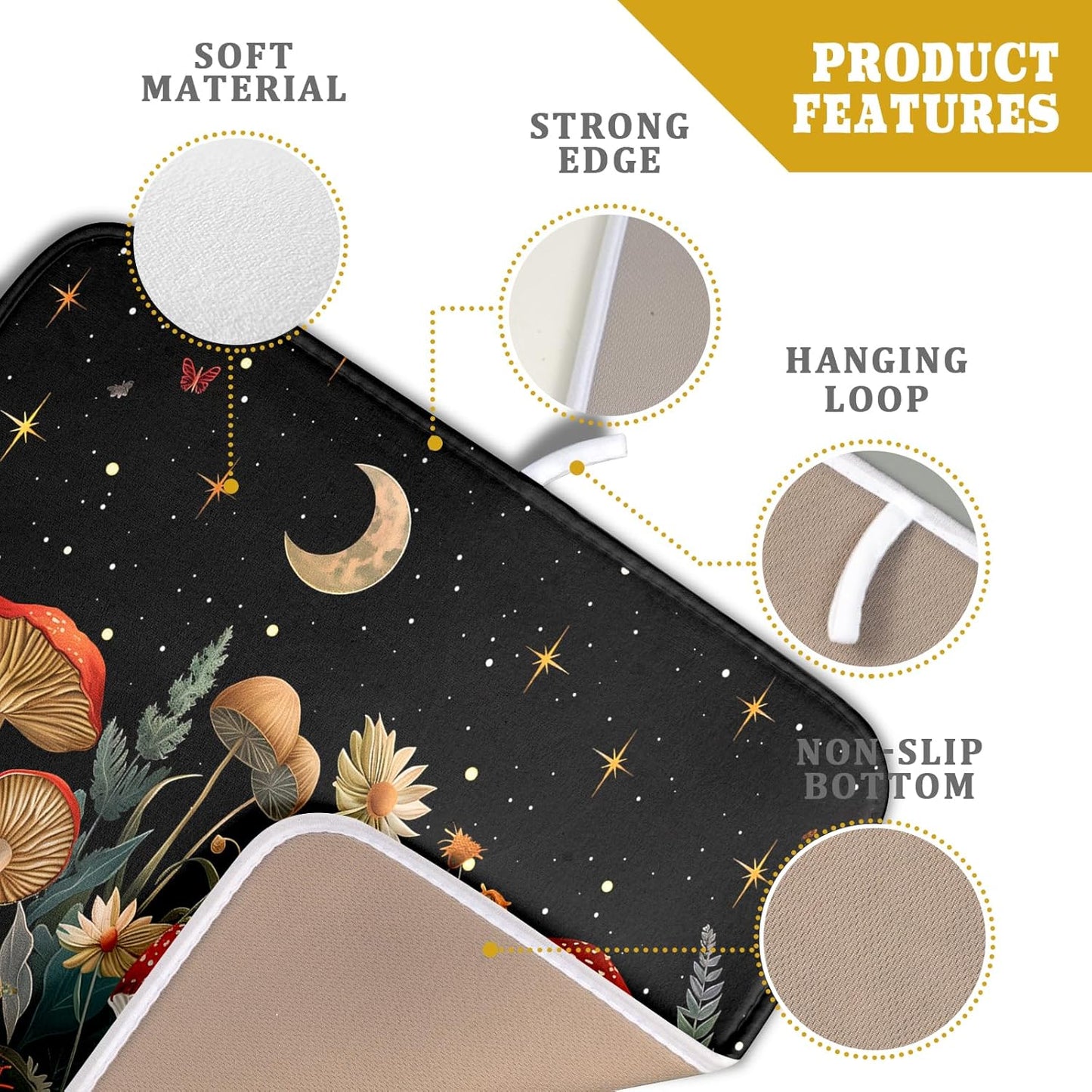 Black Mushroom Dish Drying Mat for Kitchen Counter Leaves Botanical Microfiber Dish Rack Mat Drainer Pad Washable Absorbent Dry Mat 16x18 Inch