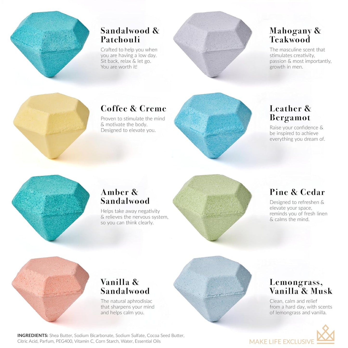 Bath Bombs for Men, Diamond Shape, Gifts for Men, 8 Large 5oz Bombs, 100% Natural Products & Essential Oils, Soak in, Bubble Bath