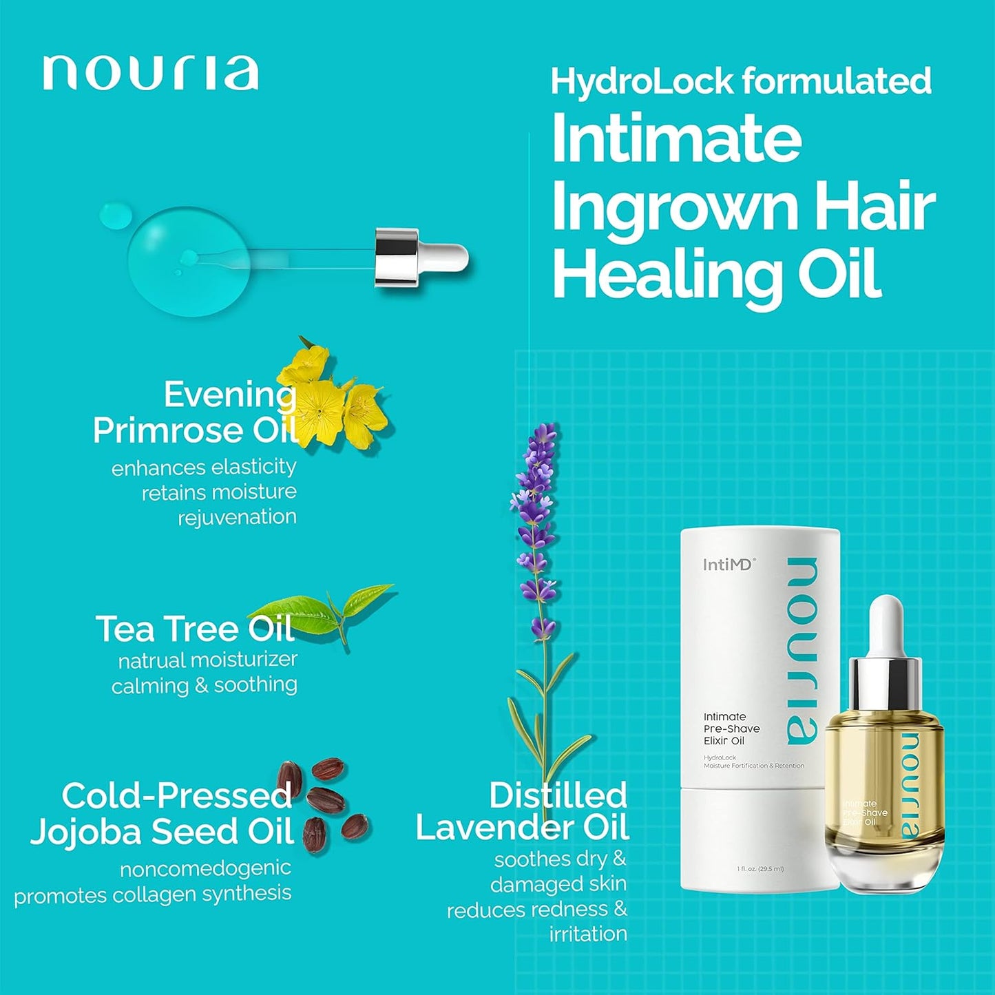 IntiMD Nouria Intimate Pre-Shave Elixir Oil, HydroLock moisturizer conditioner nourishing formula helps with Ingrown Hair, Itch, Razor Bump, Razor Burns for Bikini Area, Legs, Underarm