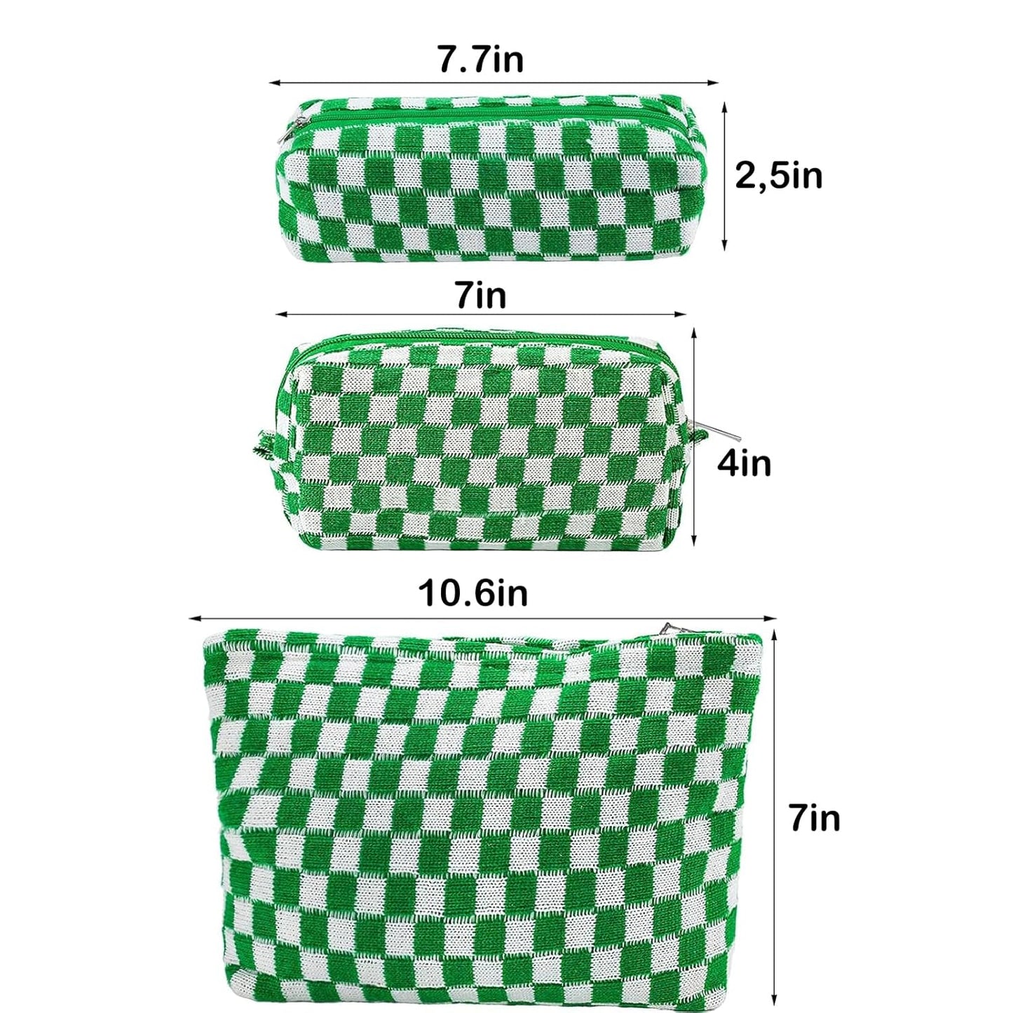 ZLFSRQ 3Pcs Checkered Makeup Bag for Women Large Small Checkered Cosmetic Bag Set Aesthetic Preppy Pencil Case Cute Pencil Pouch Green Makeup Pouch for Purse Travel Toiletry Bags Zipper Skincare Bags