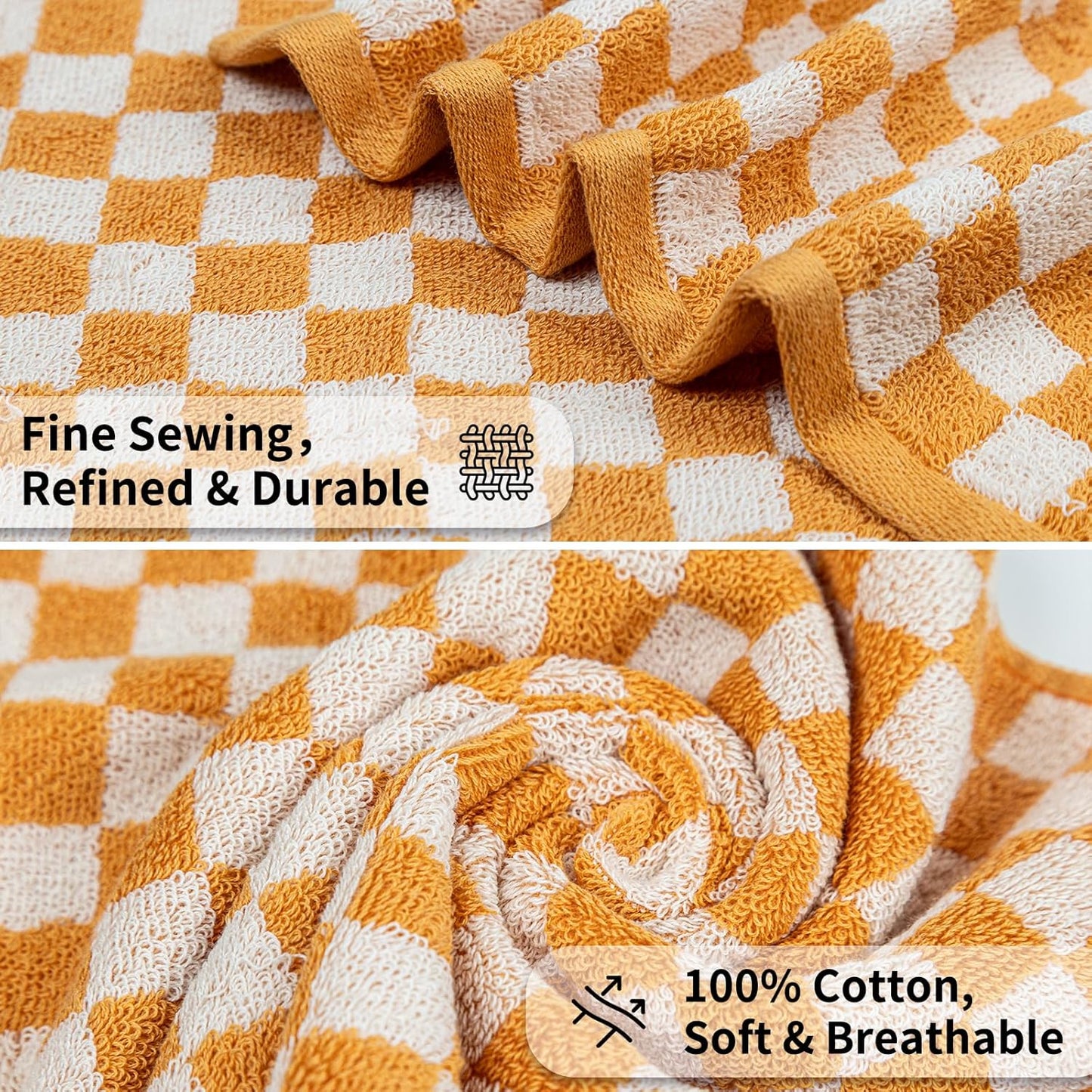 Checkered Bath Towels Set of 6 Large, 520GSM, 100% Cotton Shower Towels * 2 (55.12"*27.56"), Hand Towels * 4 (29.52"*13.77"),Towels for Bathroom、Pool、Hotel, Spa, Soft Absorbent（Orange