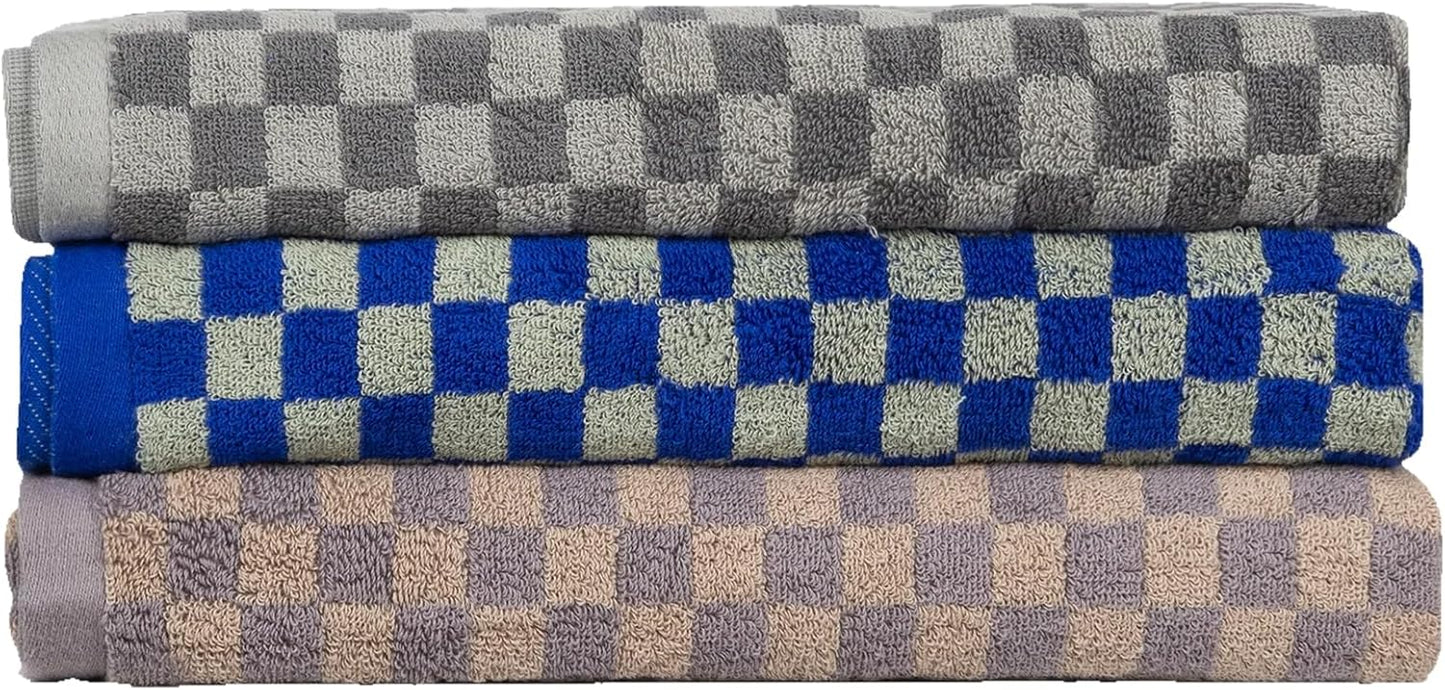 Checkered Bath Towel Set of 3, 100% Cotton Bath Towels Large, 520GSM, 55.12"*27.56", Luxury Shower Towels for Bathroom, Soft Absorbent Quick-Dry（Midnight Blue+Brown+Grey）