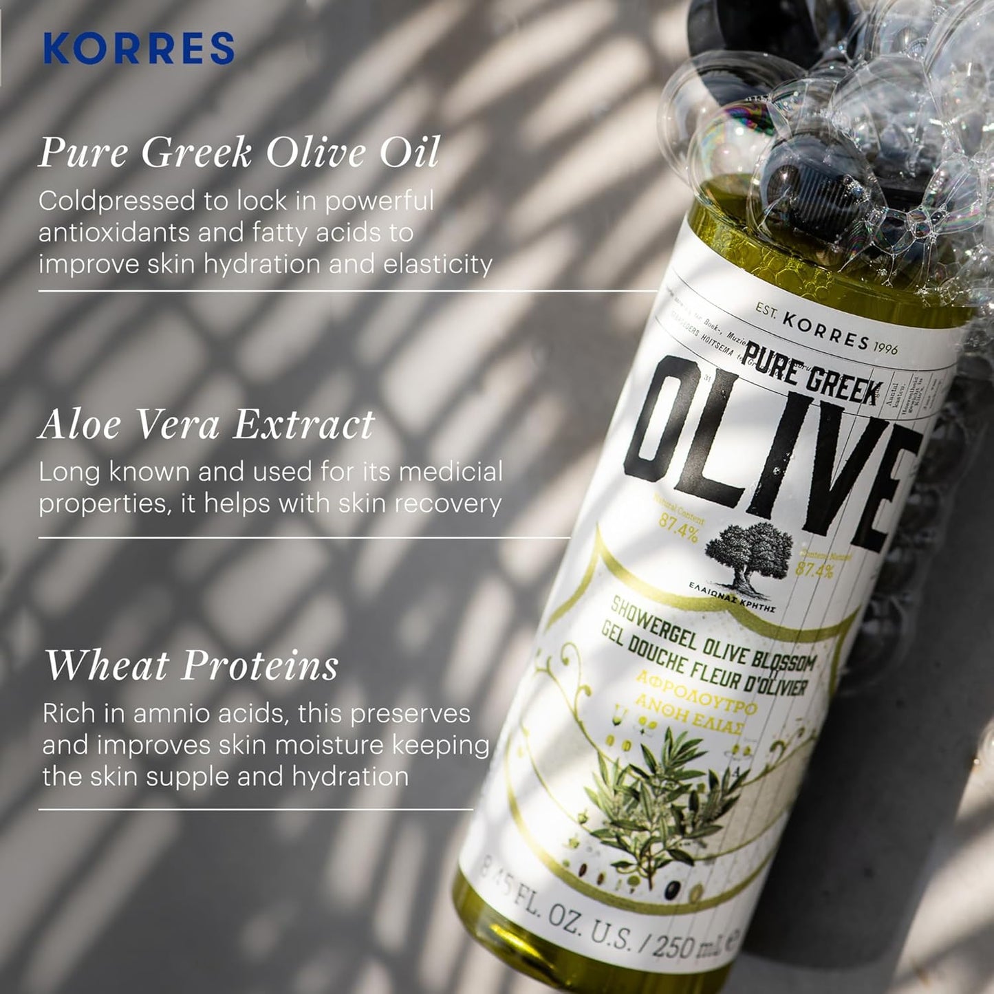 KORRES Shower Gel for Dry Skin, Moisturizing Body Wash Cleanser Made with Pure Greek Olive Oil, Hydrating and Nourishing Bath Soap for Smooth, Supple Skin, Olive Blossom Scented, 8.45 fl oz